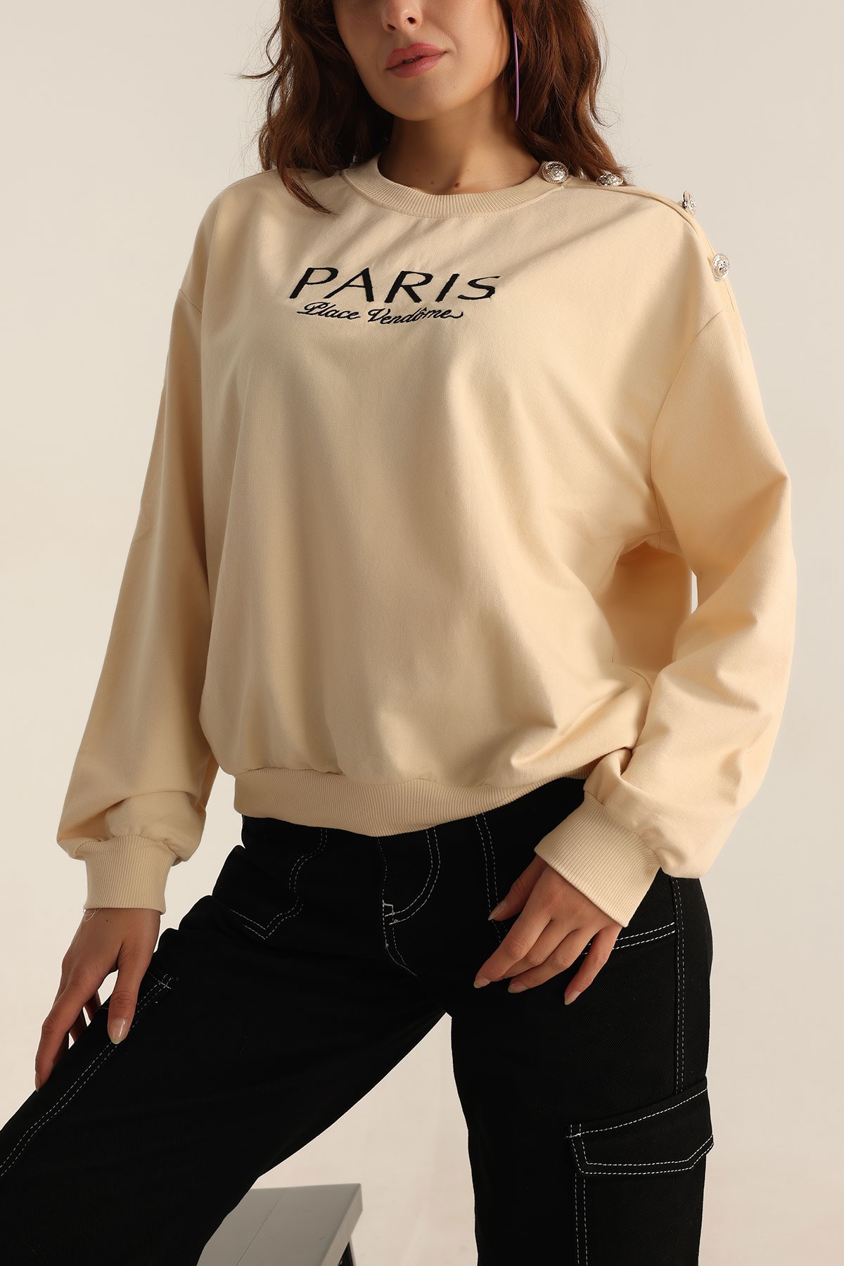 Krem İki İp Nakışlı Sweat 199563