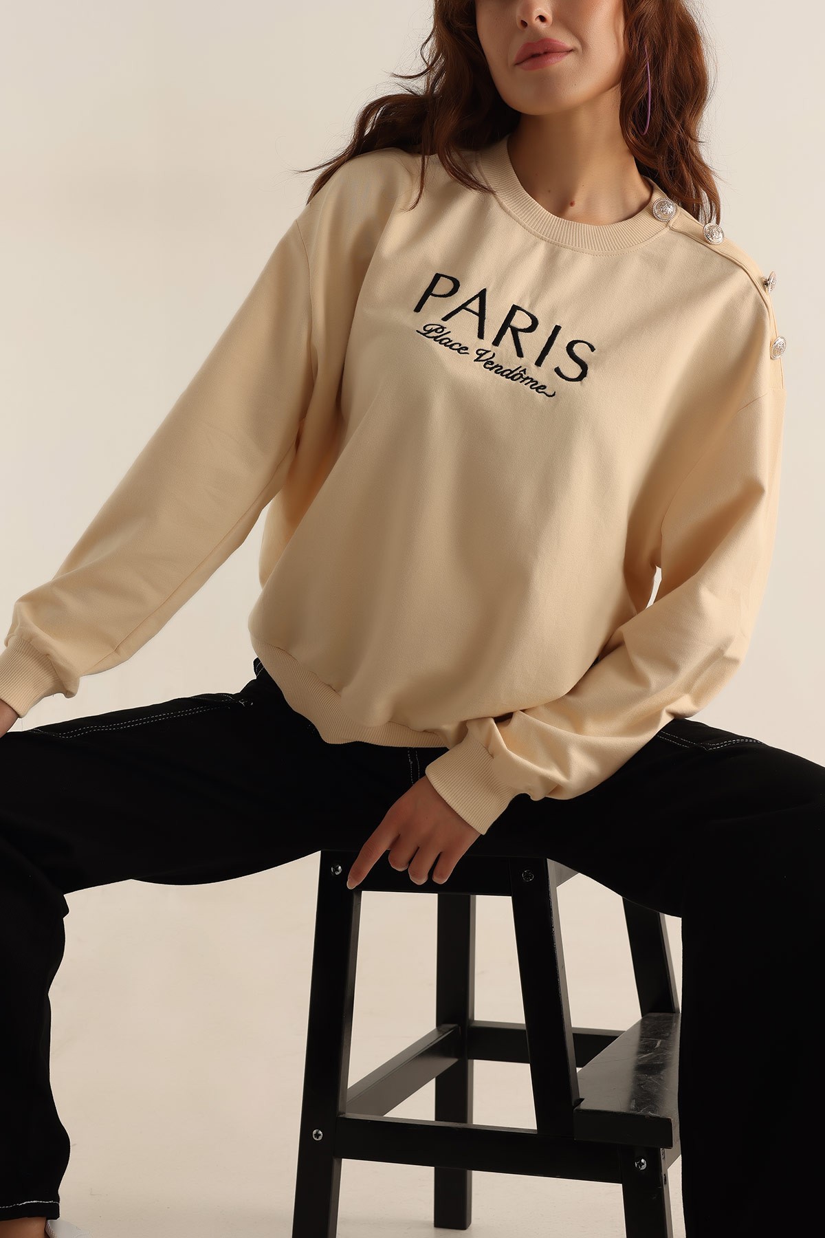 Krem İki İp Nakışlı Sweat 199563
