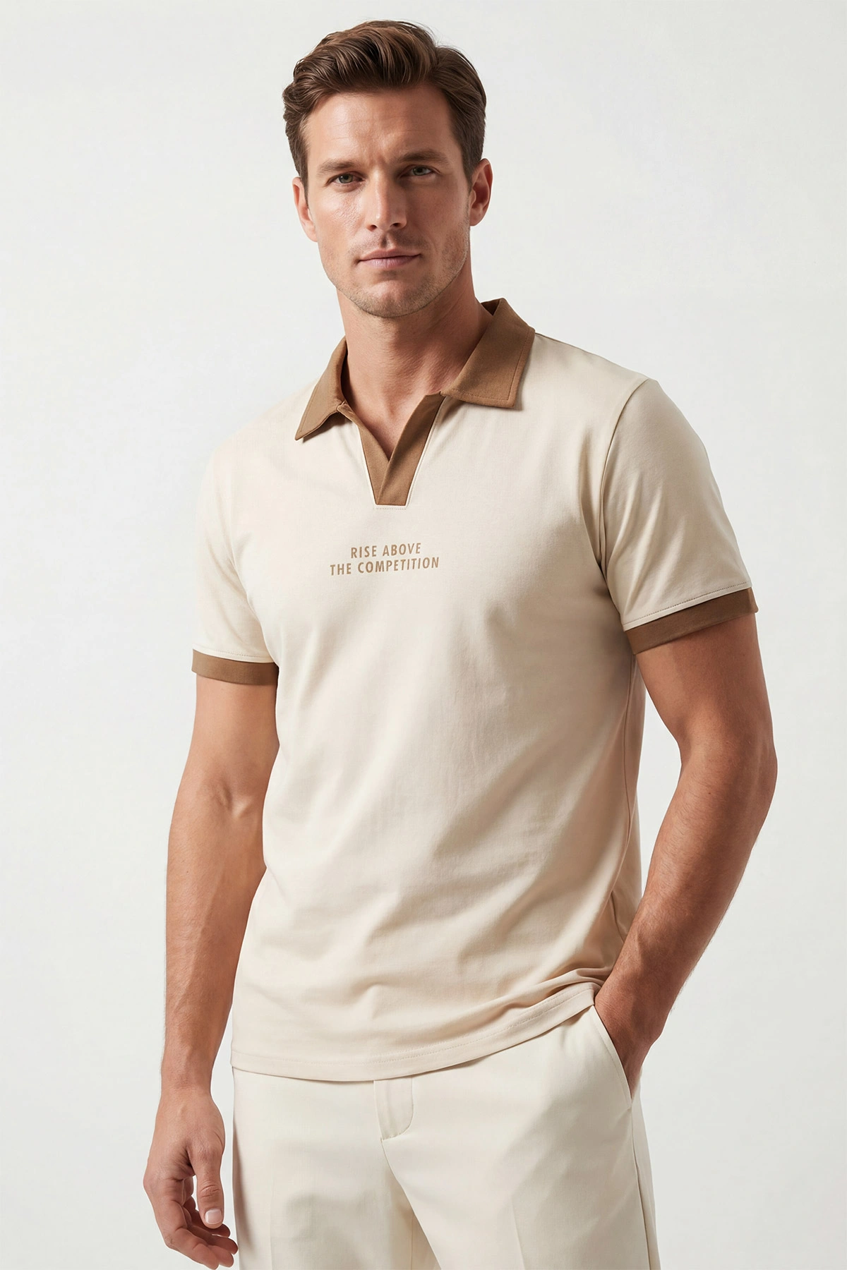 Krem İki İp Polo Yaka Erkek Tişört 435265
