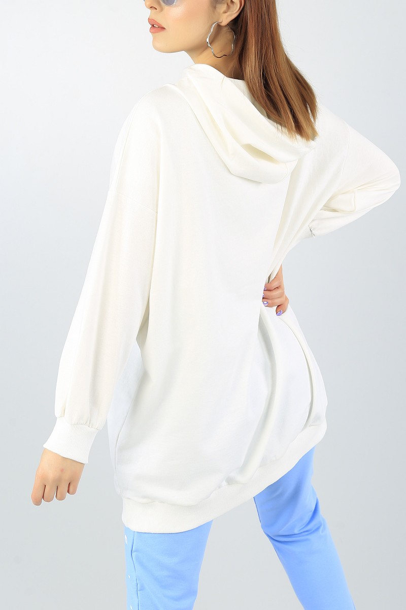 Krem Kapüşonlu Bayan Sweat Tunik 55556