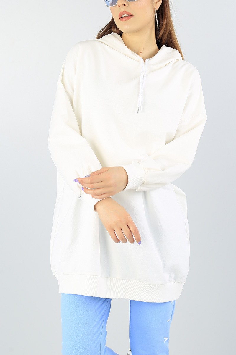 Krem Kapüşonlu Bayan Sweat Tunik 55556