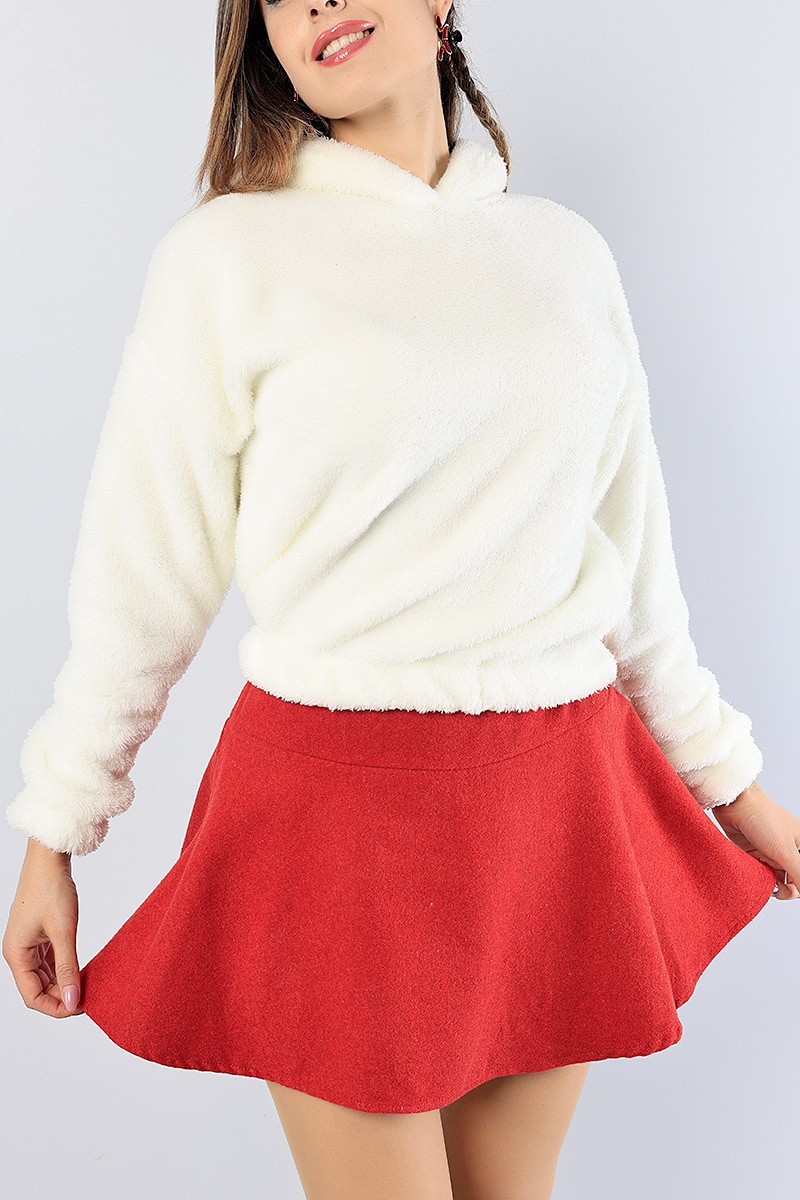 Krem Kapüşonlu Beli Lastikli Yumoş Sweat 81290