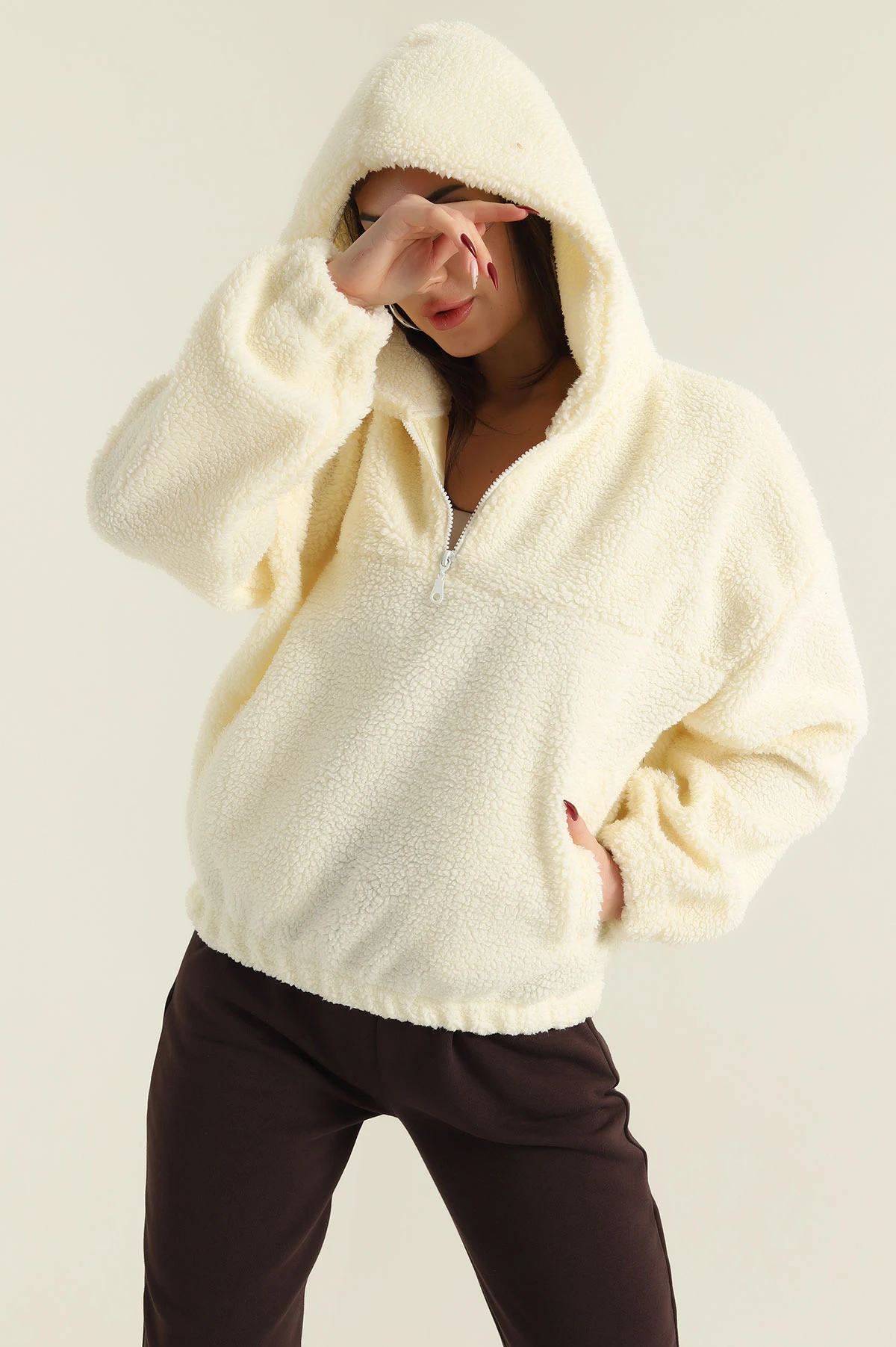 Krem Kapüşonlu Kuzu Yumoş Kadın Sweat 419533