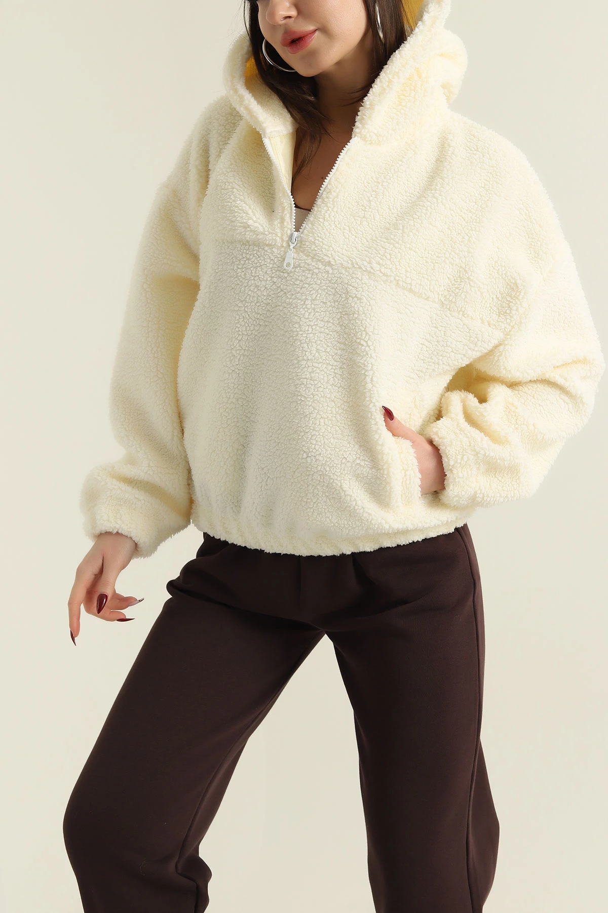 Krem Kapüşonlu Kuzu Yumoş Kadın Sweat 419533