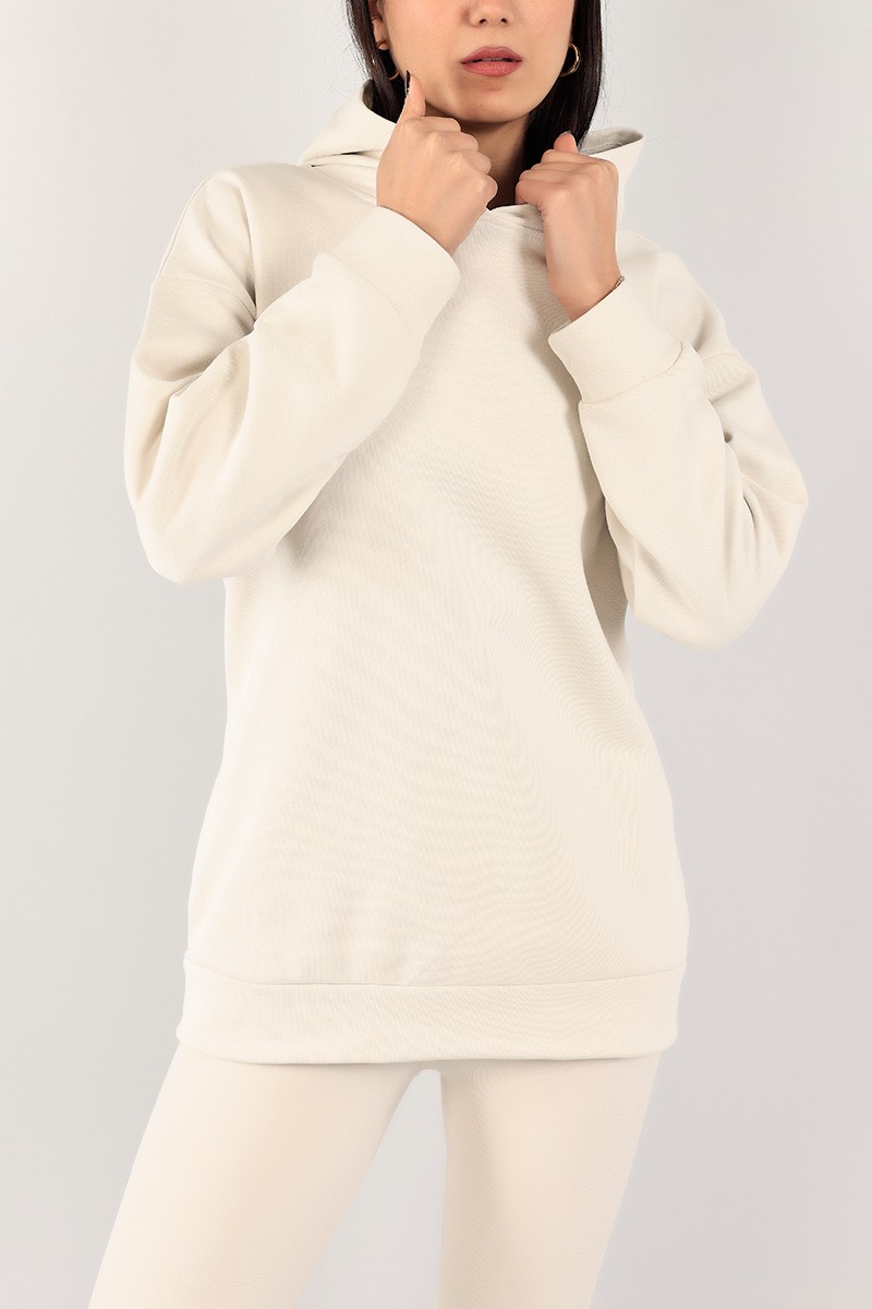 Krem kapüşonlu Şardonlu Bayan Sweat 100651