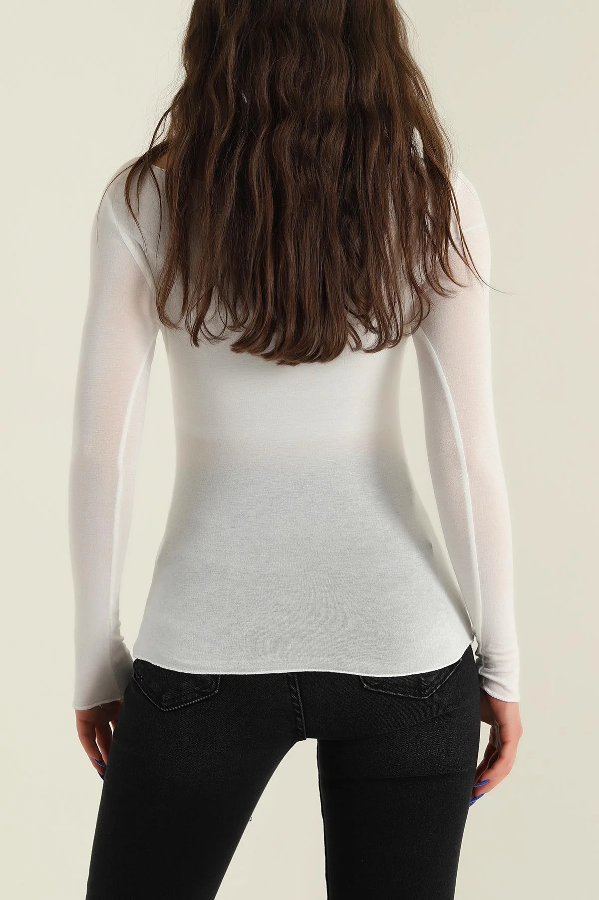 Krem Kayık Yaka Transparan Bluz 424952
