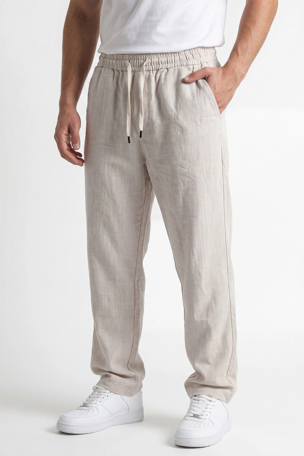 Krem Keten Baggy Belden Bağlamalı Erkek Pantolon 451310