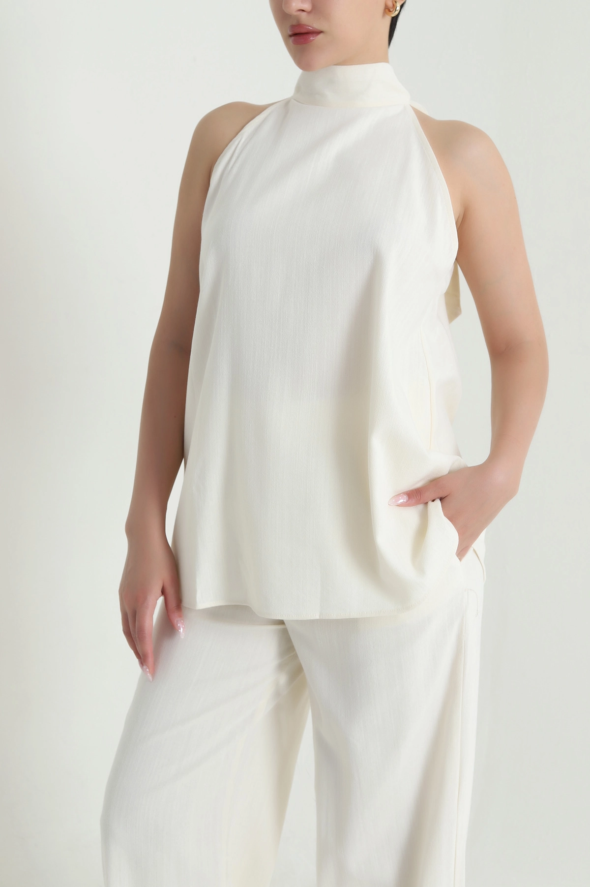 Krem Keten Flamlı Bluz Pantolon Kadın İkili Takım 464771