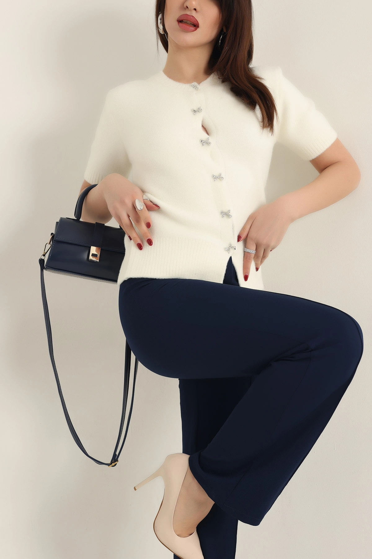 Krem Kısa Kollu Triko Bluz 337439