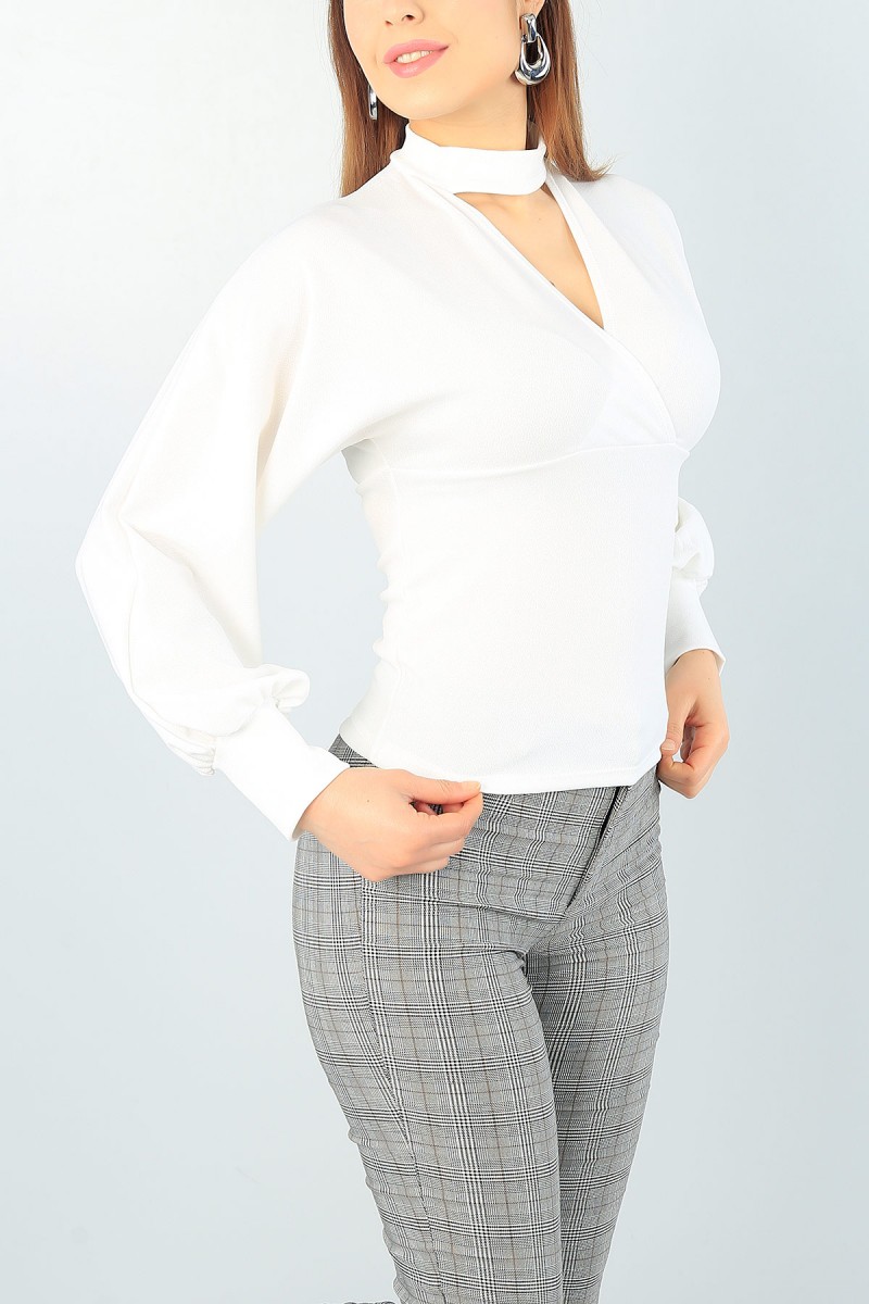 Krem Kruvaze Yaka Likralı Bluz 61838