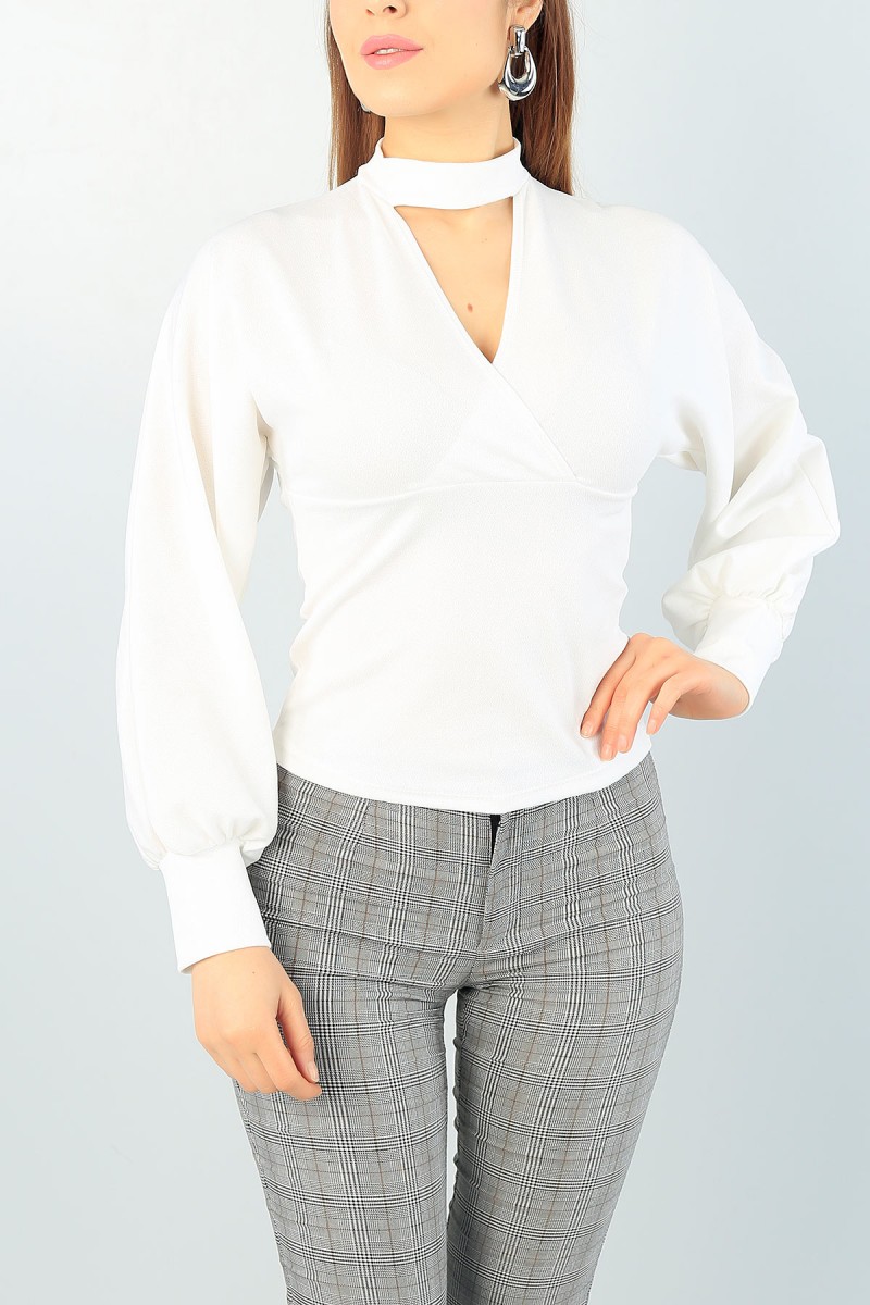 Krem Kruvaze Yaka Likralı Bluz 61838