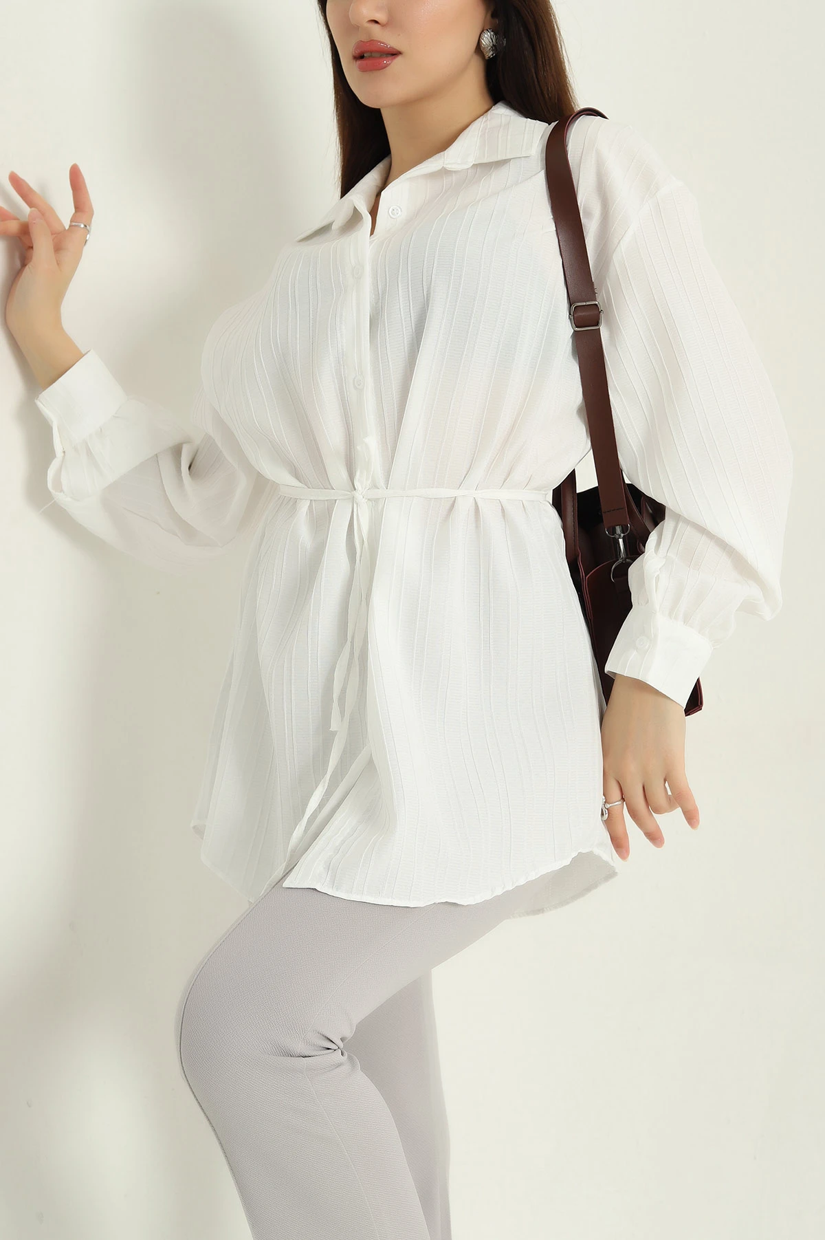 Krem Kuşaklı Dokuma Krinkıl Gömlek Tunik 333959