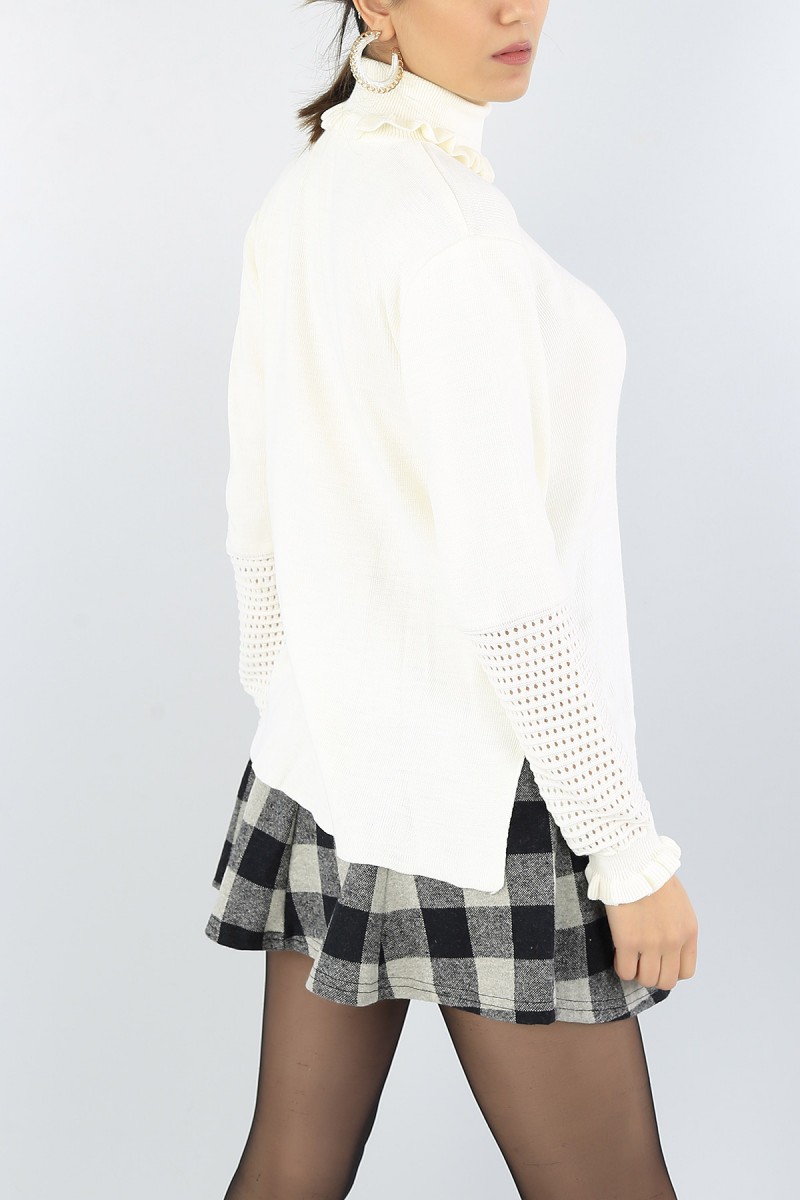 Krem Lazer Kesim Bayan Triko Kazak 53084