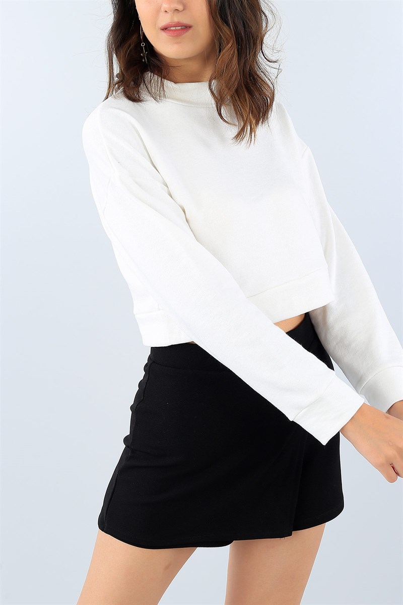 Krem Likralı Bayan Crop Sweat 38817