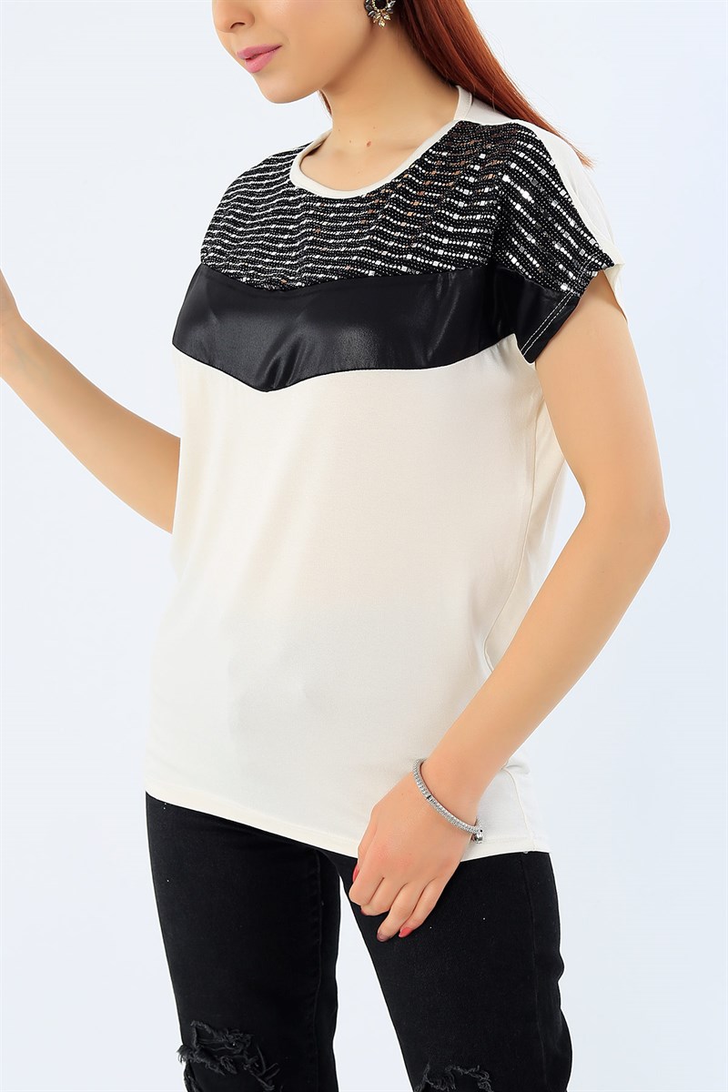 Krem Likralı Pul İşlemeli Bluz 31848