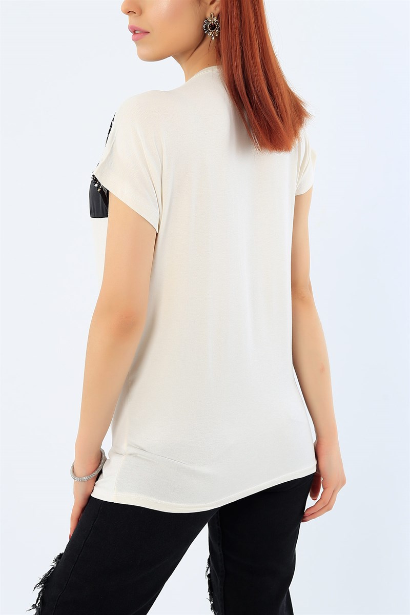 Krem Likralı Pul İşlemeli Bluz 31848