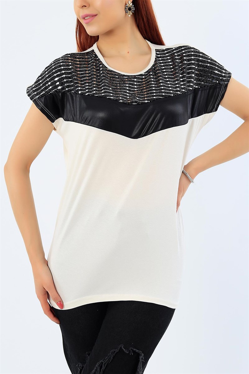 Krem Likralı Pul İşlemeli Bluz 31848