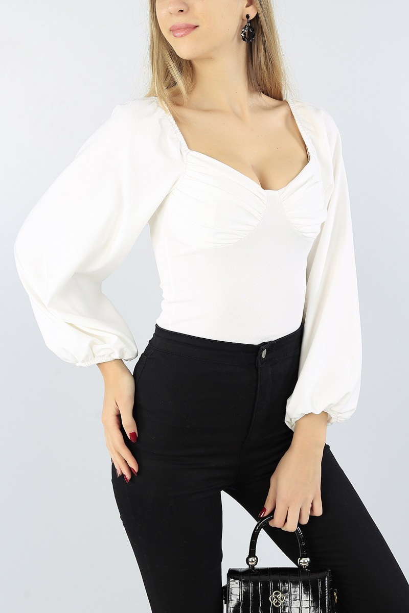 Krem Likralı Tasarım Bluz 52947
