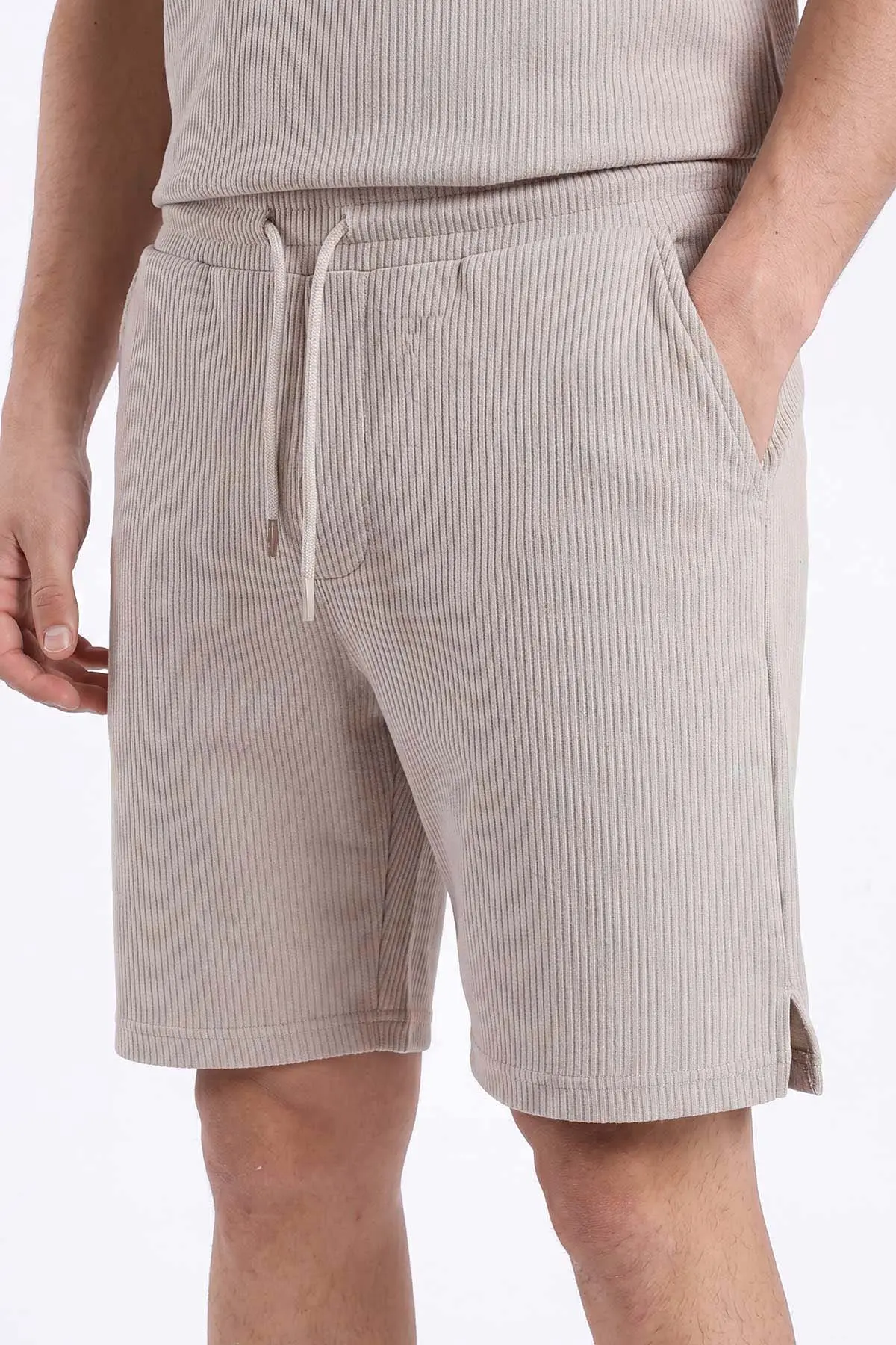 Krem Look Kumaş Yarım Fermuarlı Erkek Şortlu Takım 467644