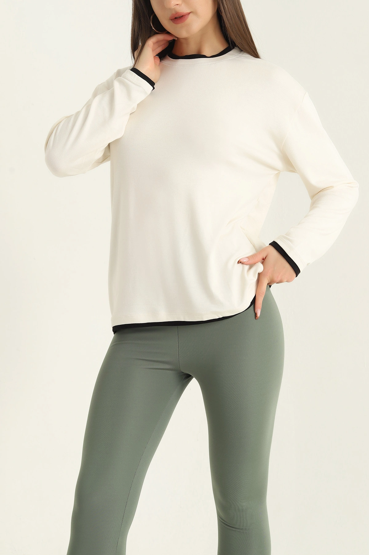 Krem Modal Bisiklet Yaka Likralı Bayan Sweat 318265