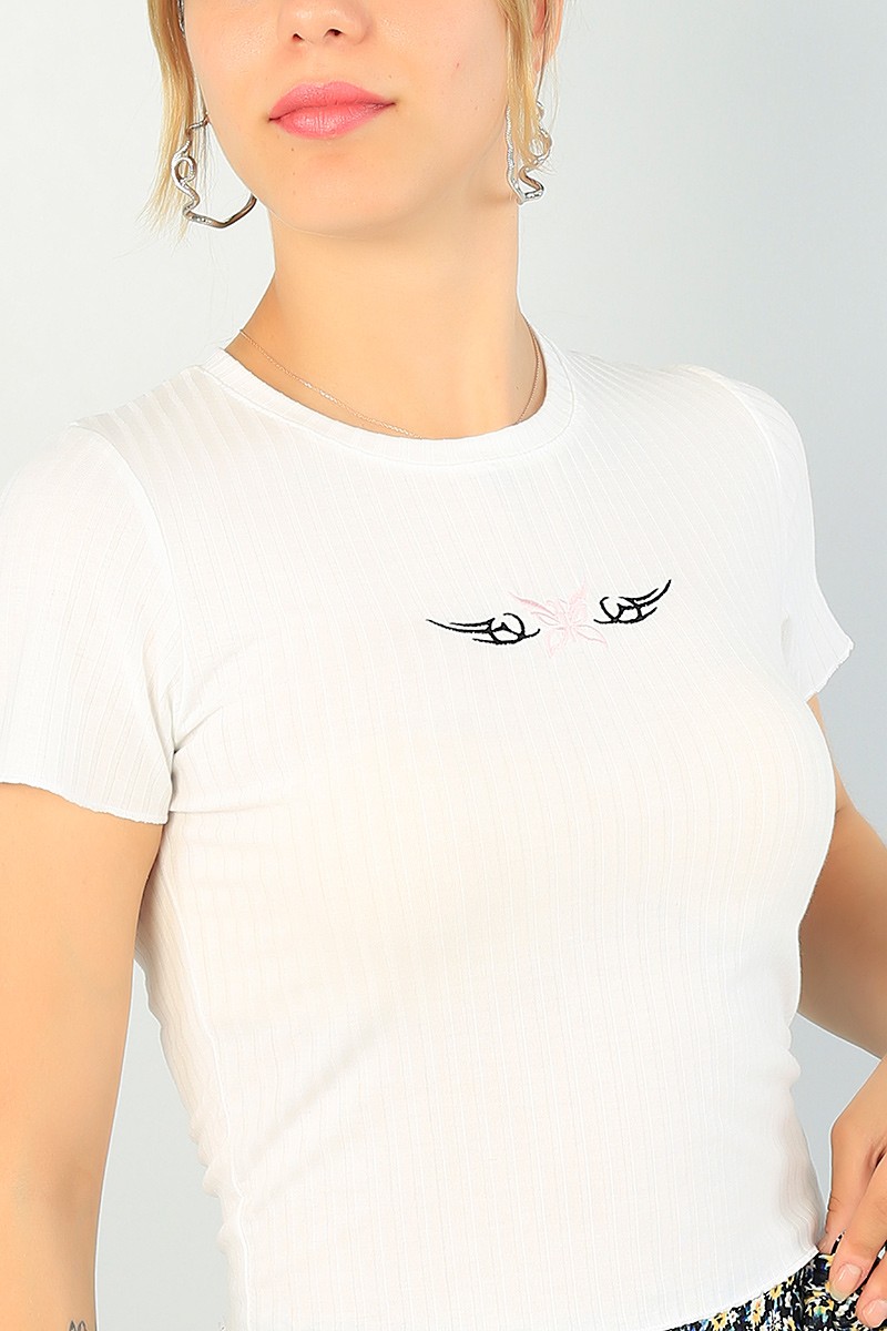 Krem Nakışlı Bayan Crop Tişört 67841