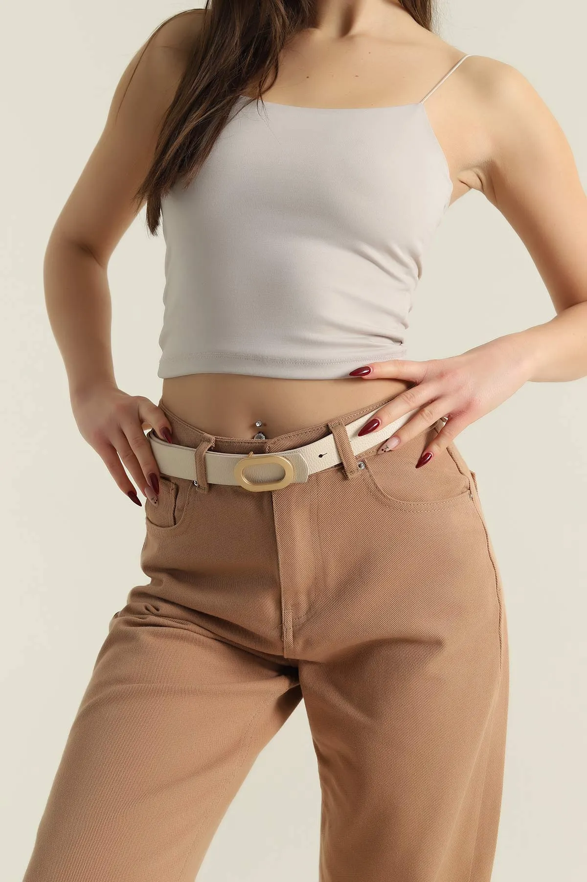 Krem Oval Toka Detaylı Kadın Kemer 421451