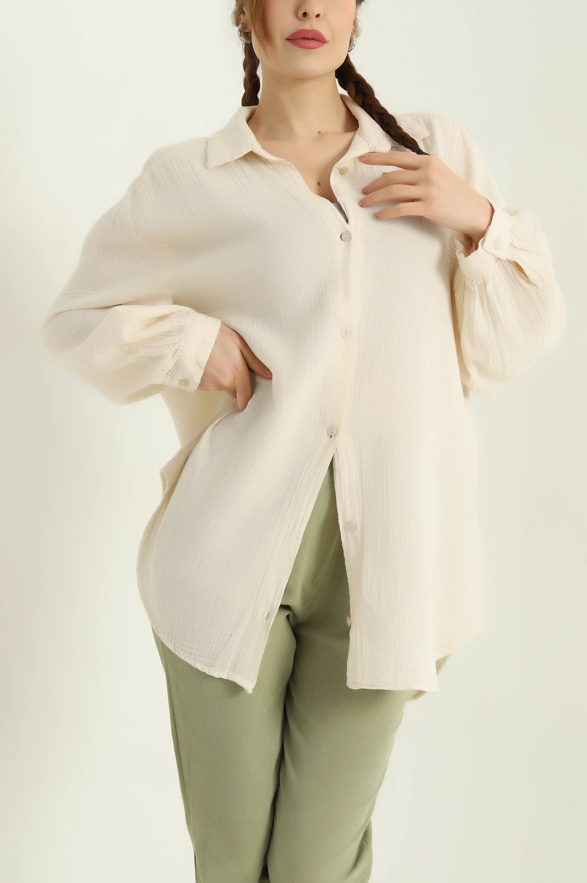 Krem Oversize Müslin Kadın Gömlek 336851