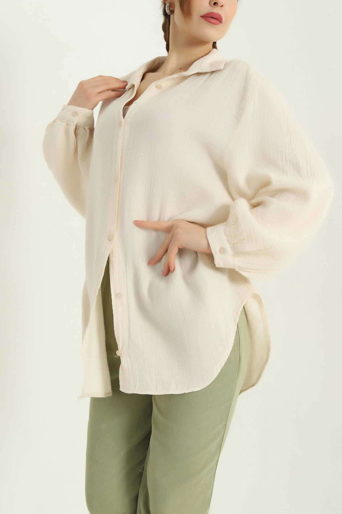 Krem Oversize Müslin Kadın Gömlek 336851