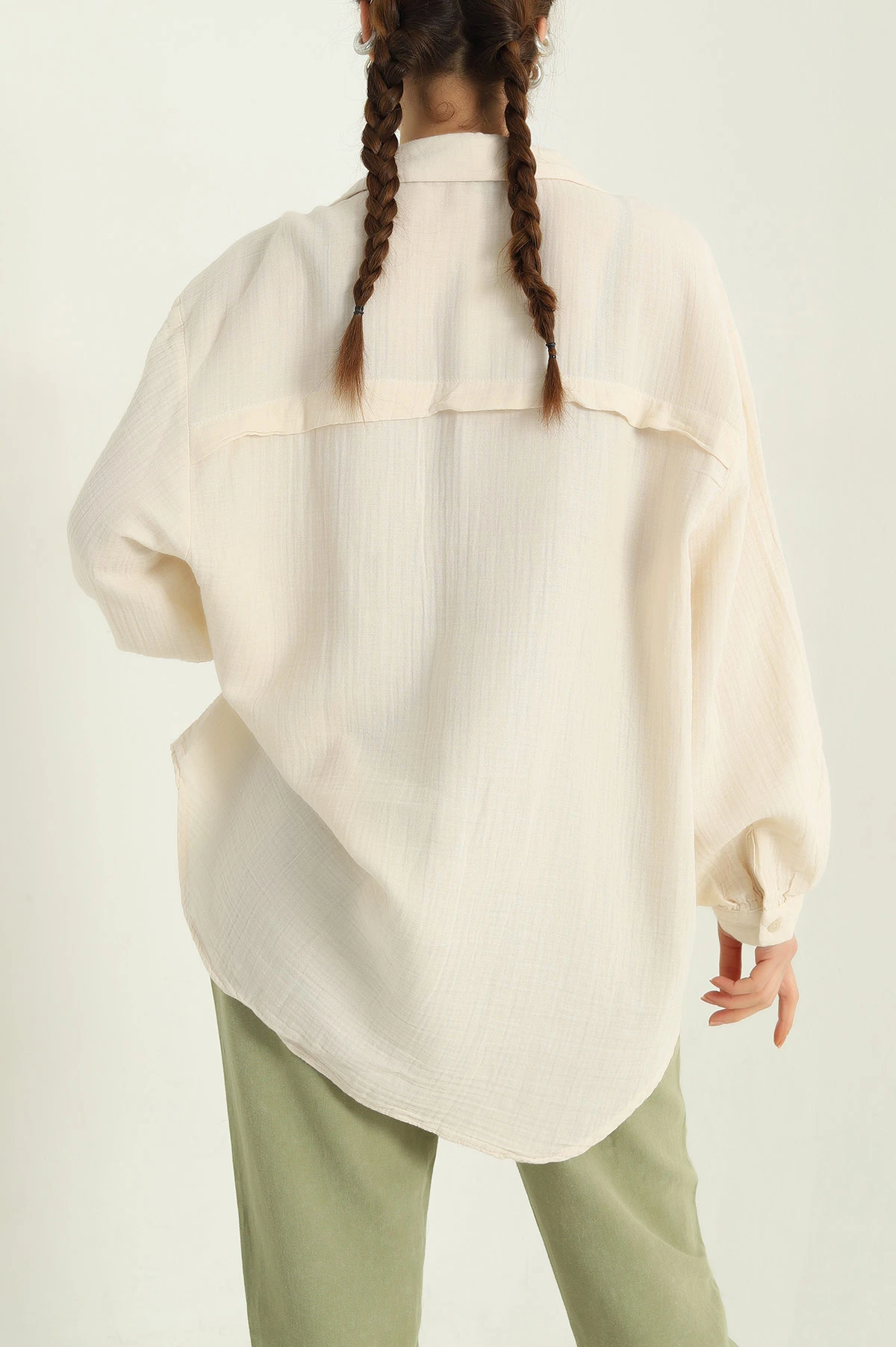 Krem Oversize Müslin Kadın Gömlek 336851