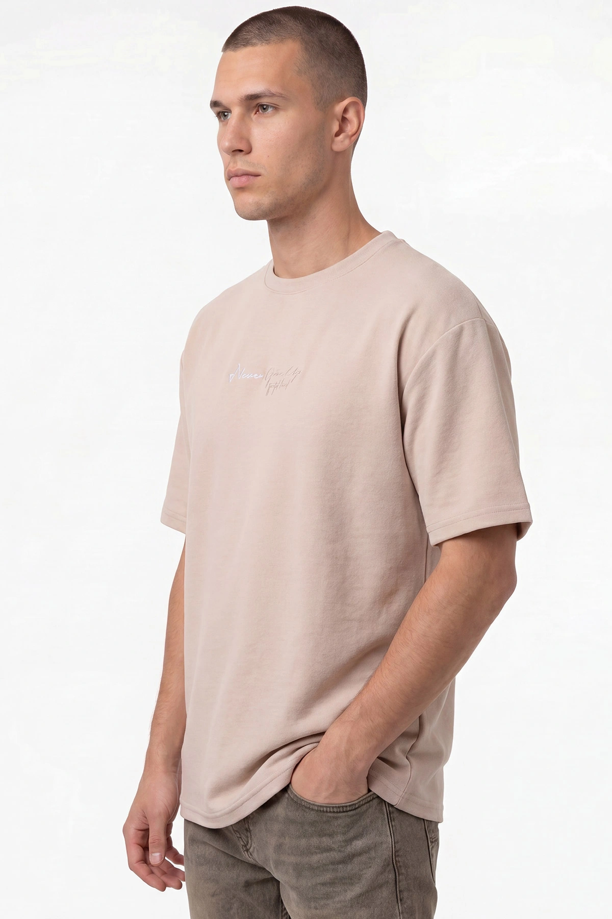 Krem Oversize Bisiklet Yaka Yazı Detaylı Erkek Tişört 465424