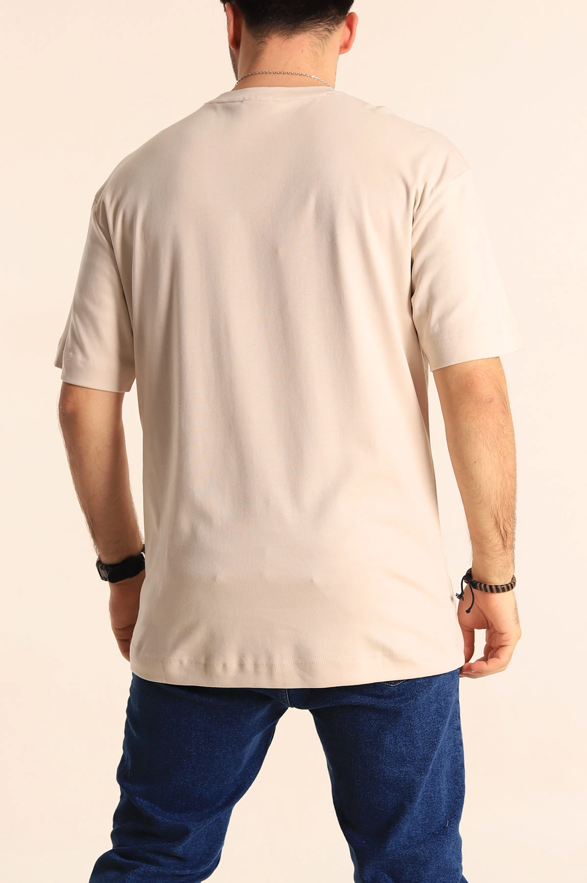 Krem Oversize Cep Detaylı Erkek Tişört 253318