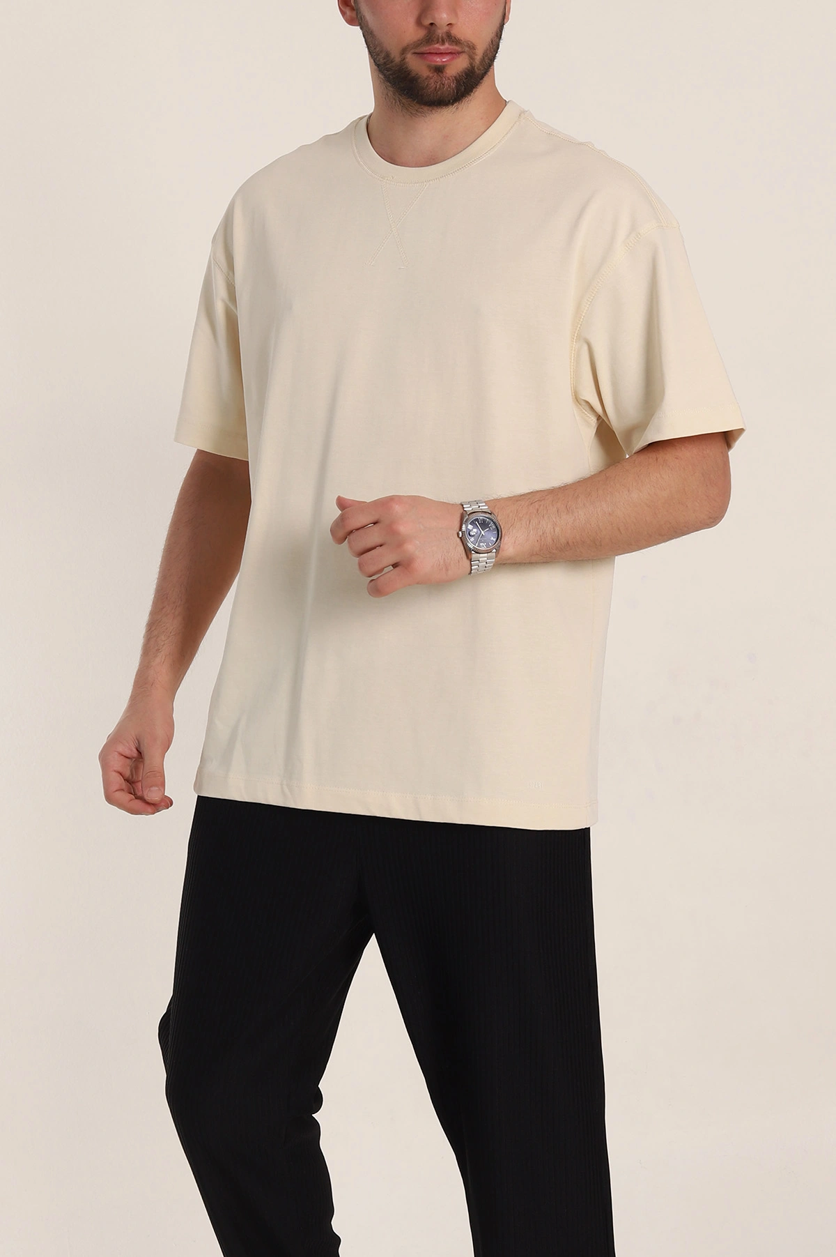 Krem Oversize Dikiş Detaylı Basic Erkek Tişört 348836