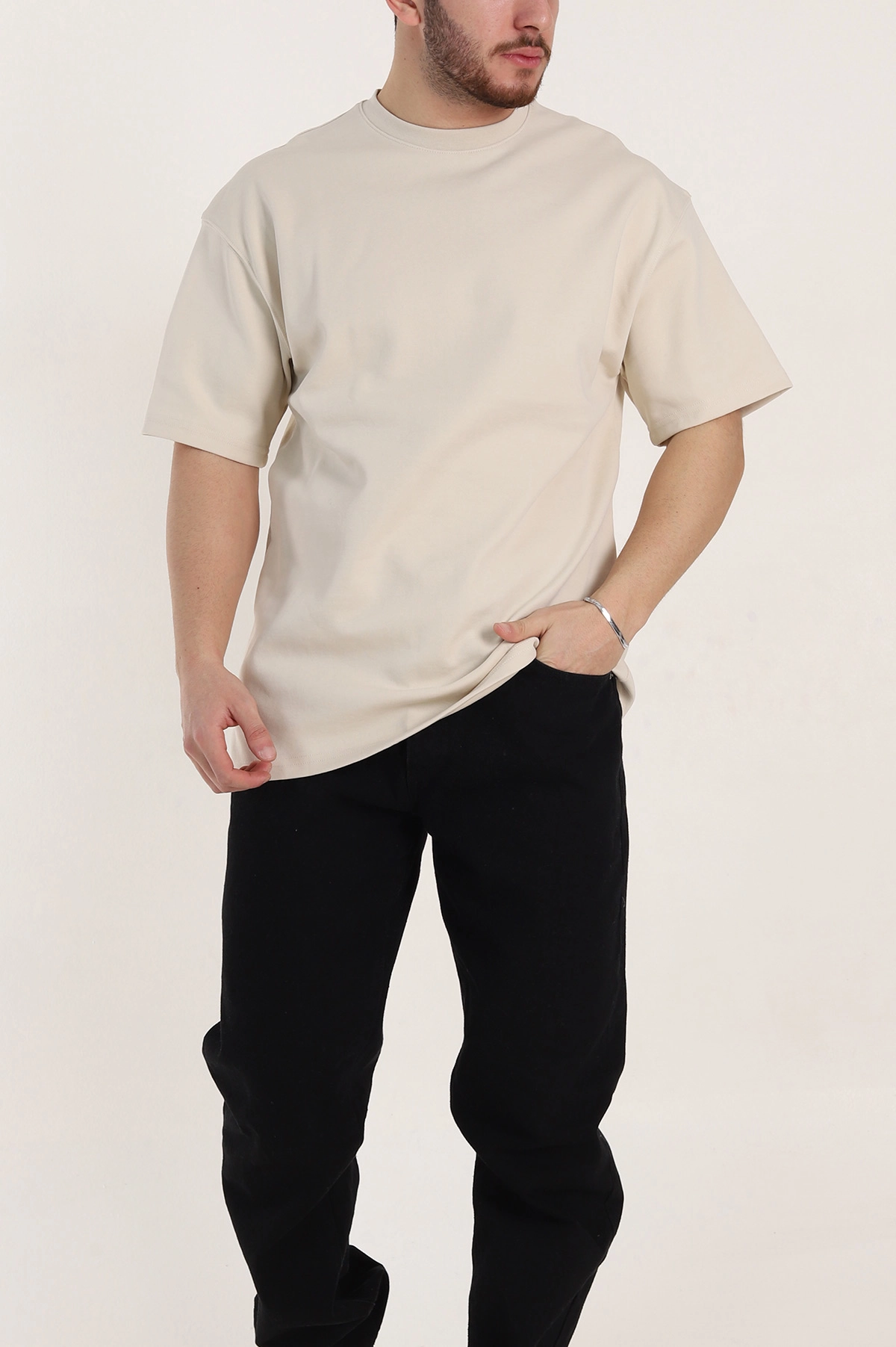 Krem Oversize Double Face Kumaş Basic Erkek Tişört 340526