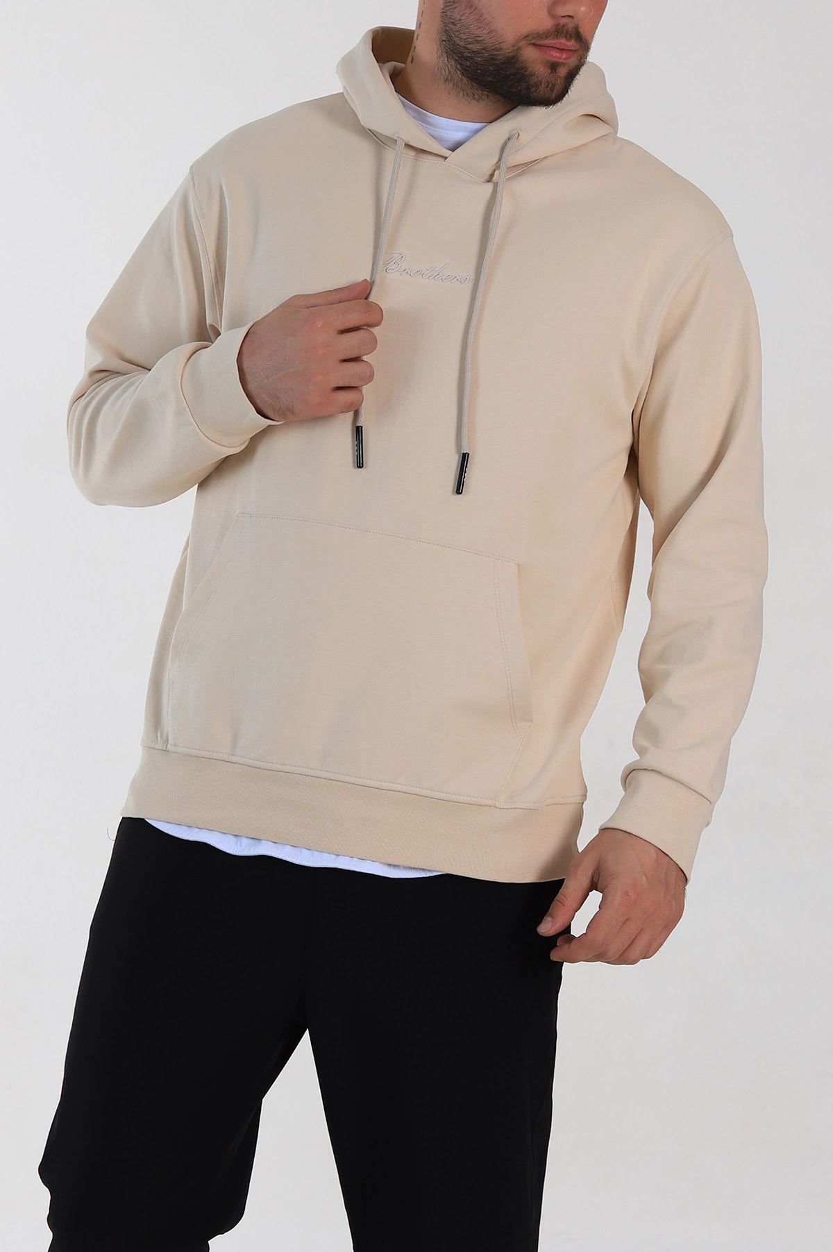 Krem Oversize Duble Kumaş Basic Erkek Kapüşonlu Sweatshirt 300185