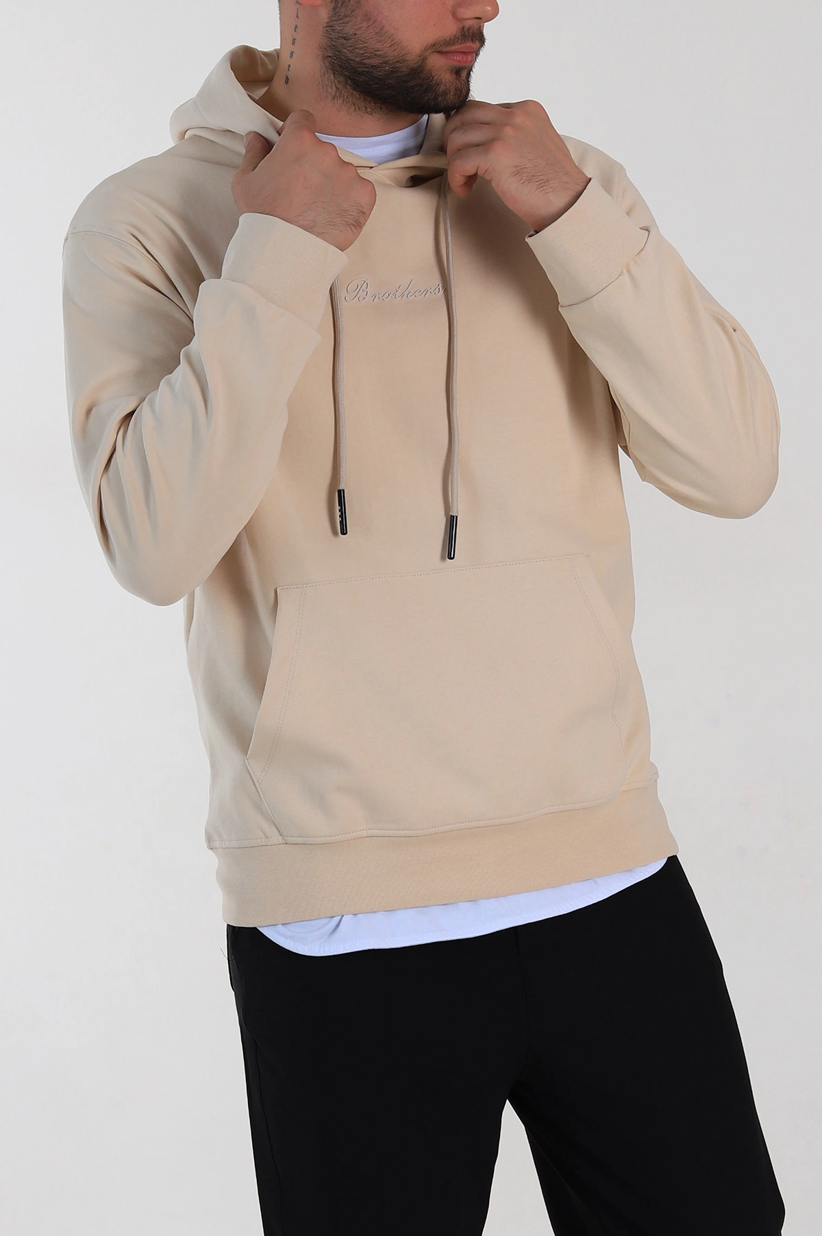 Krem Oversize Duble Kumaş Basic Erkek Kapüşonlu Sweatshirt 300185