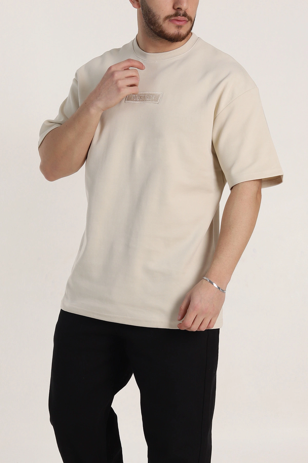 Krem Oversize Duble Kumaş Nakış Detaylı Erkek Tişört 345722