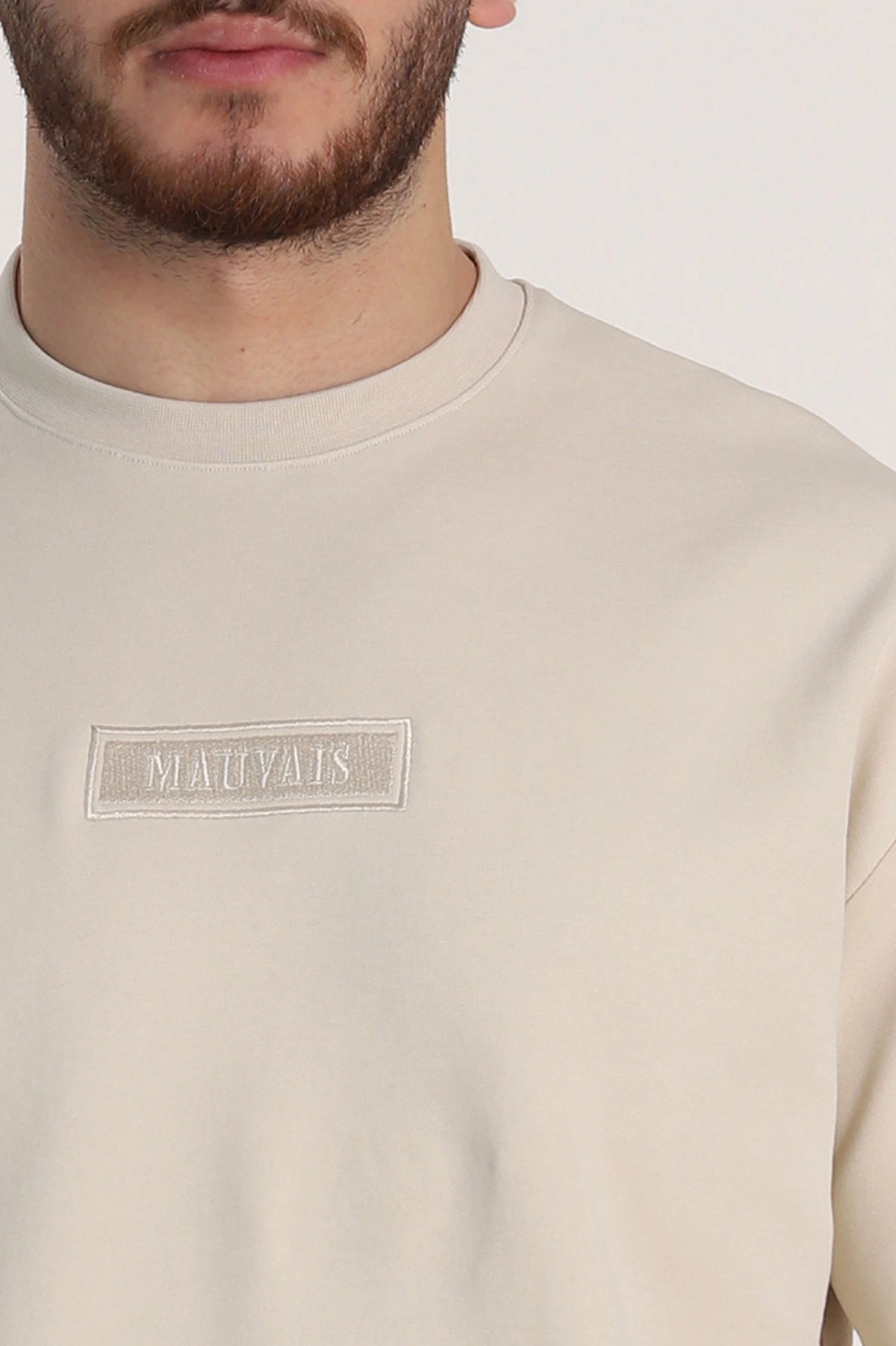 Krem Oversize Duble Kumaş Nakış Detaylı Erkek Tişört 345722