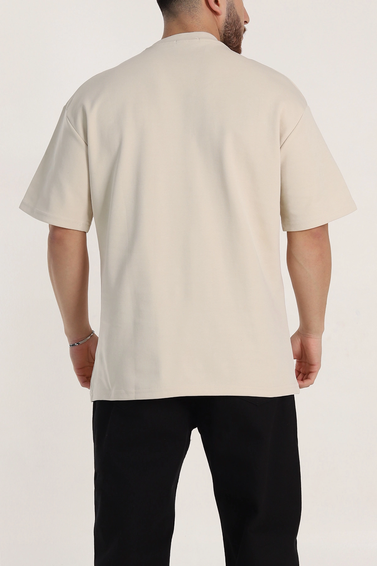 Krem Oversize Duble Kumaş Nakış Detaylı Erkek Tişört 345722