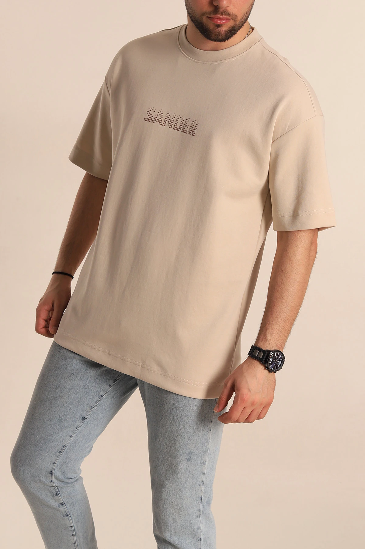 Krem Oversize İki İp Kabartma Sırt Baskılı Erkek Tişört 266835
