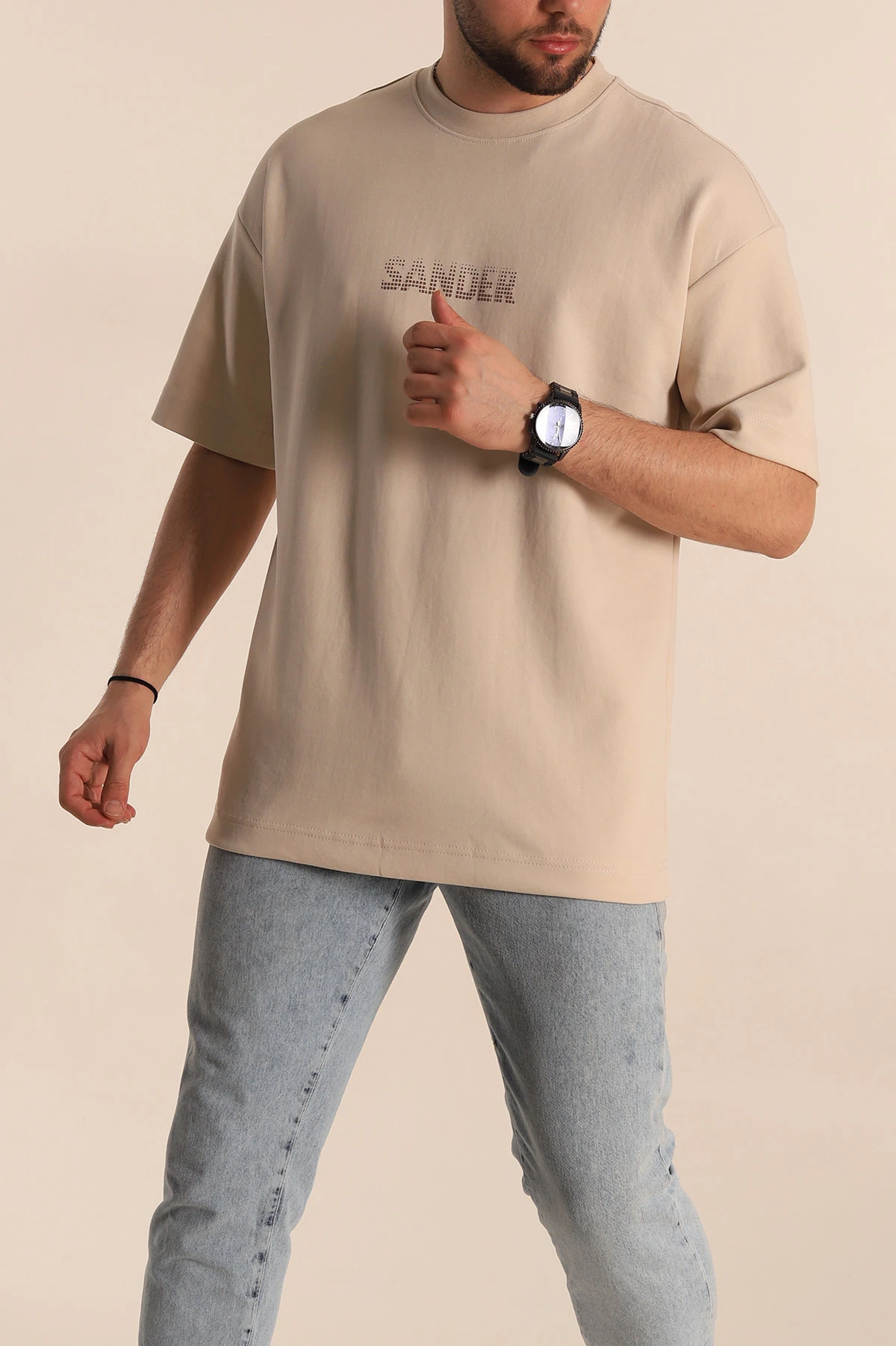 Krem Oversize İki İp Kabartma Sırt Baskılı Erkek Tişört 266835