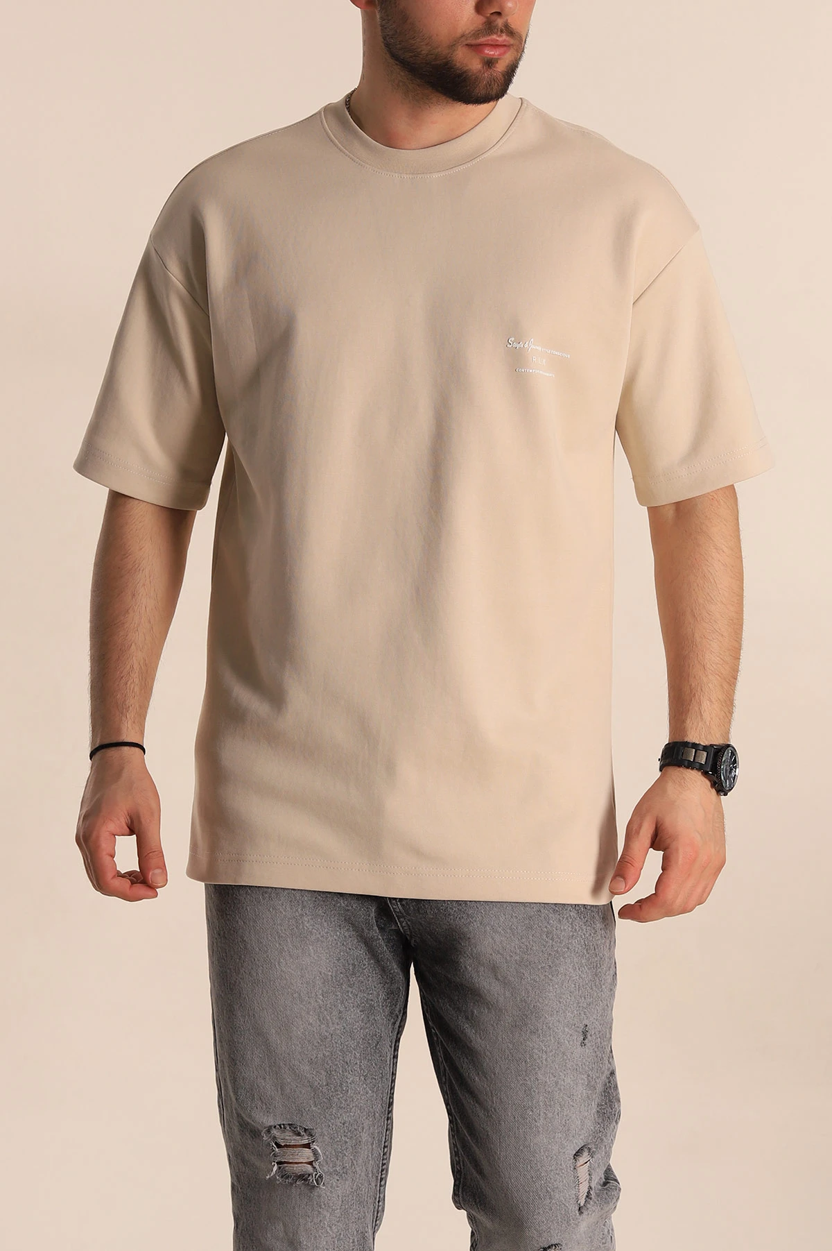 Krem Oversize İki İp Kabartma Yazılı Erkek Tişört 266839