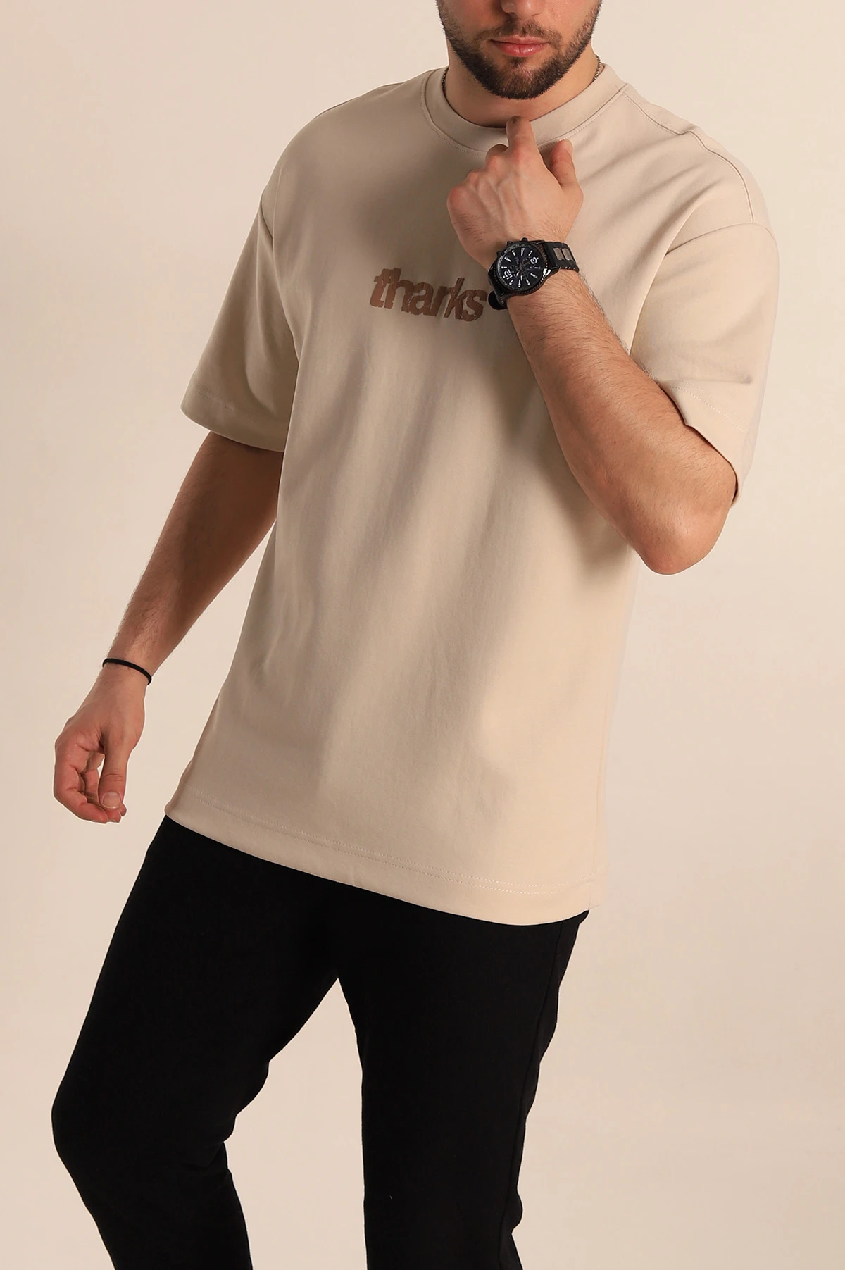 Krem Oversize İki İp Sırt Kabartma Yazı Detaylı Erkek Tişört 266874