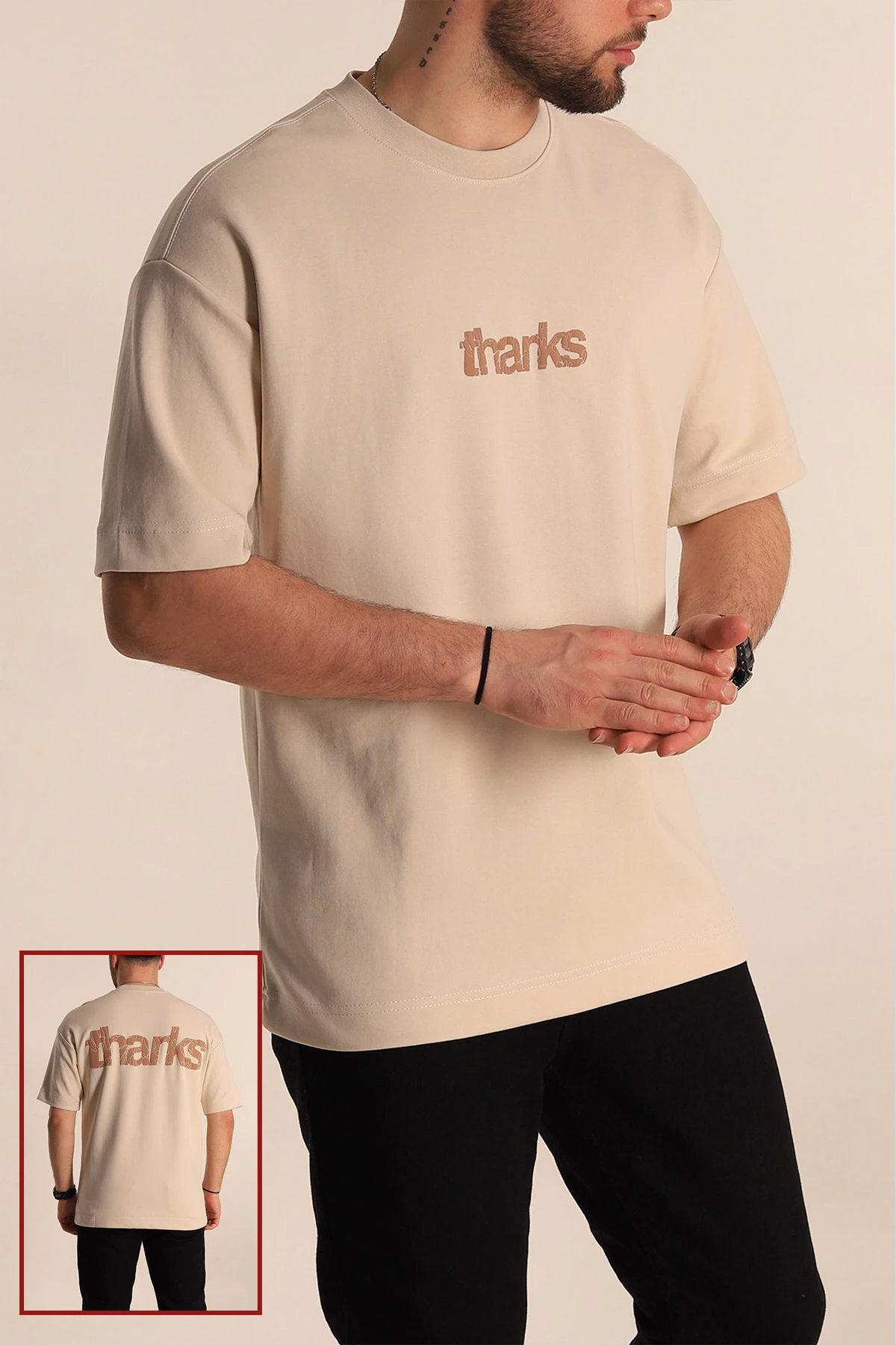 Krem Oversize İki İp Sırt Kabartma Yazı Detaylı Erkek Tişört 266874