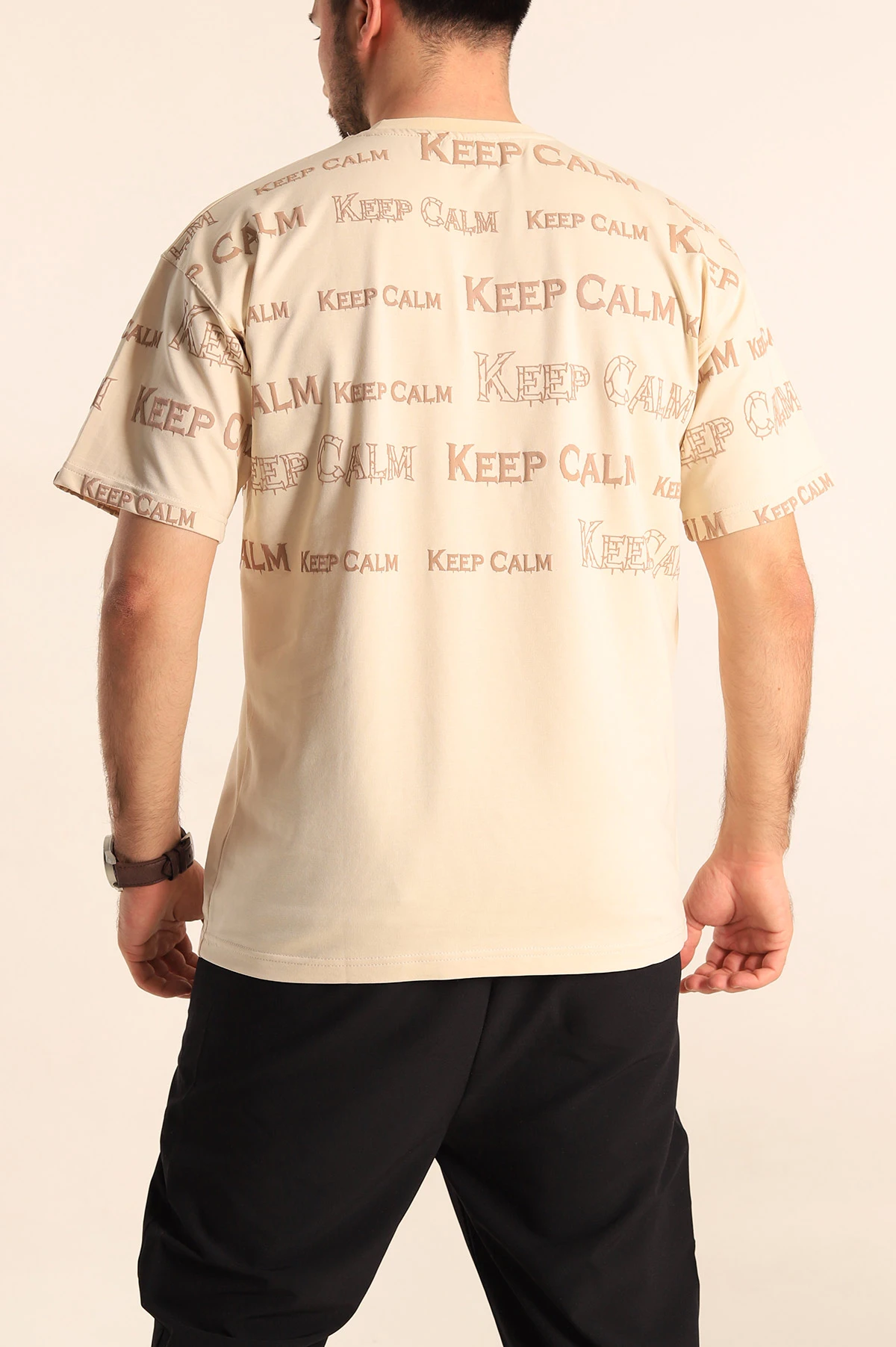 Krem Oversize İki İp Yazı Detay Erkek Tişört 247568