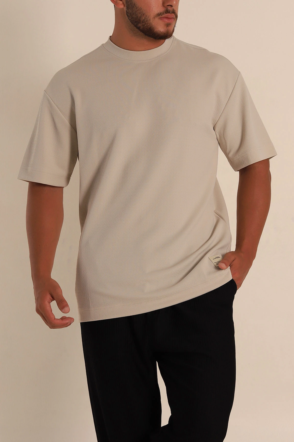 Krem Oversize Jakarlı Basic Erkek Tişört 285794