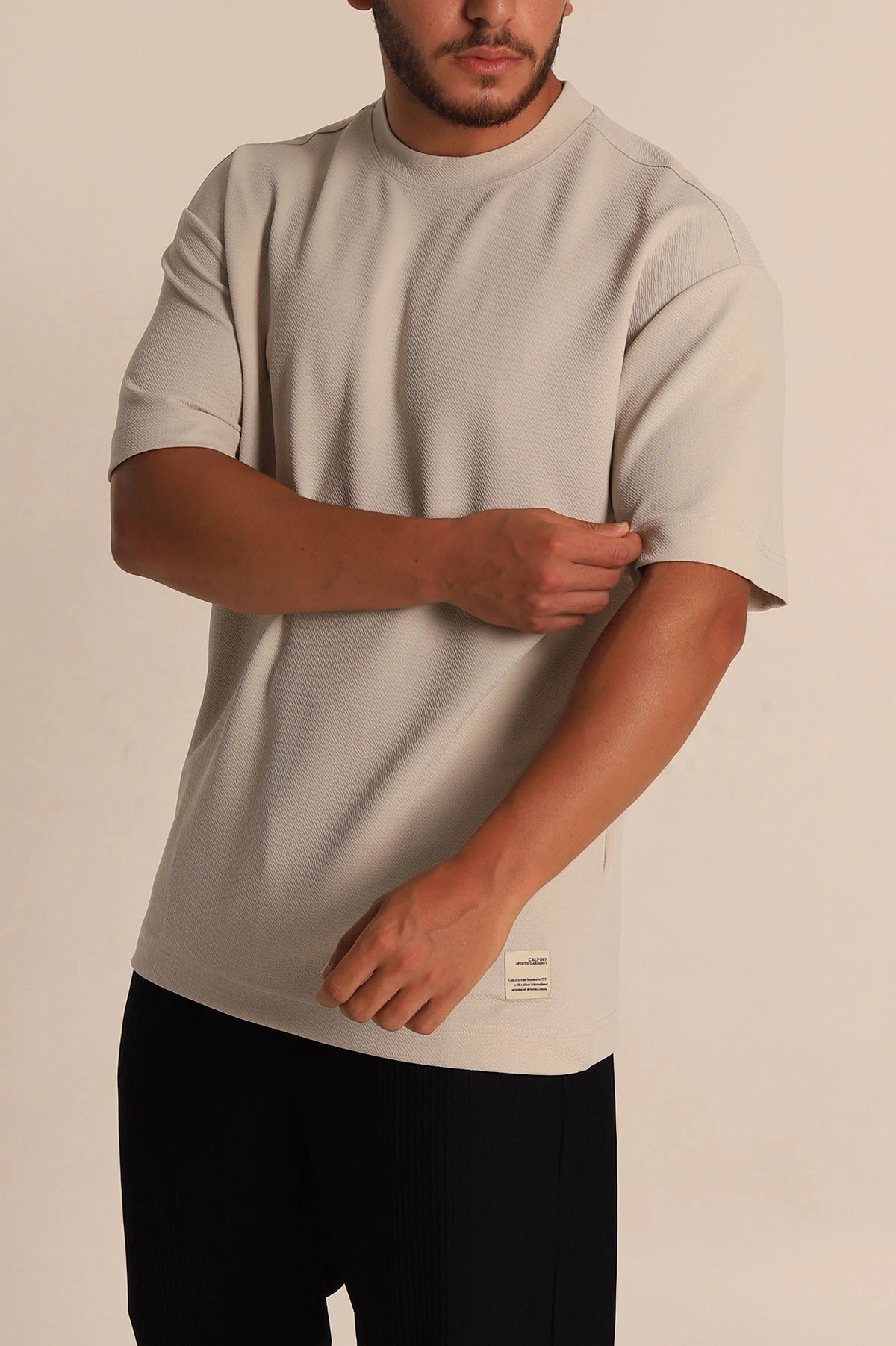Krem Oversize Jakarlı Basic Erkek Tişört 285794