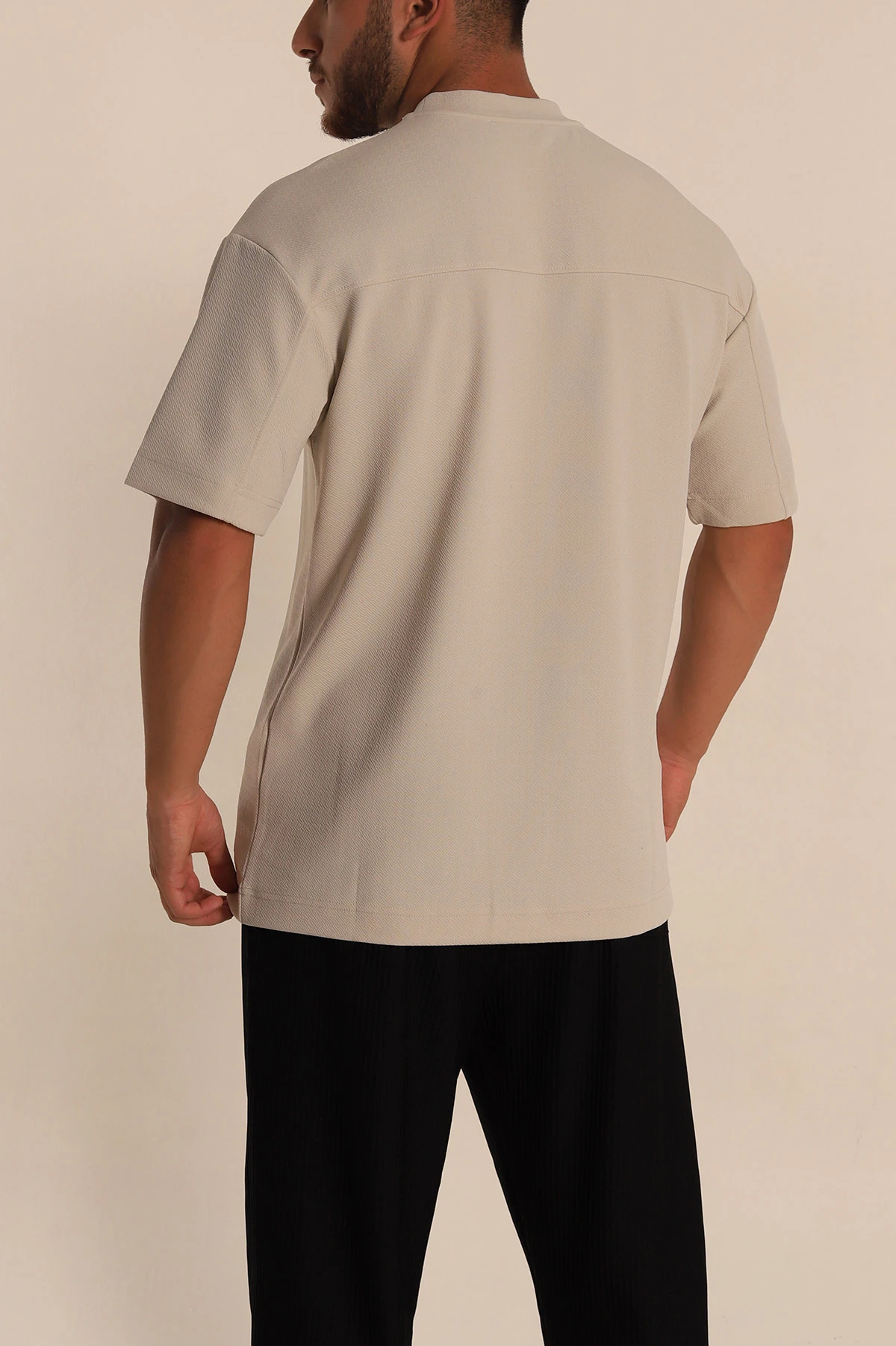 Krem Oversize Jakarlı Basic Erkek Tişört 285794