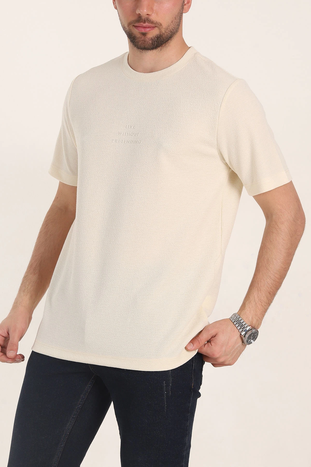 Krem Oversize Kabartma Yazı Detaylı Erkek Tişört 354081