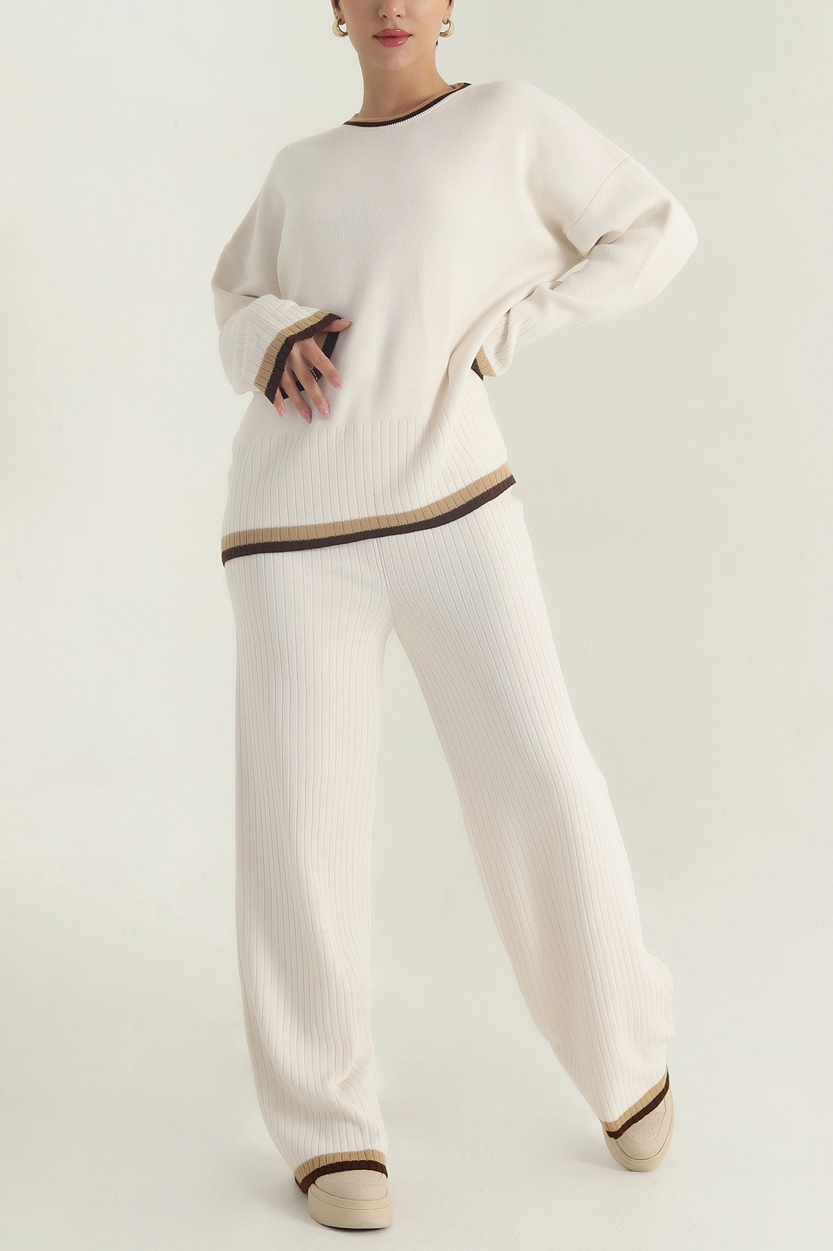 Krem Oversize Likralı Triko Kadın İkili Takım 401781