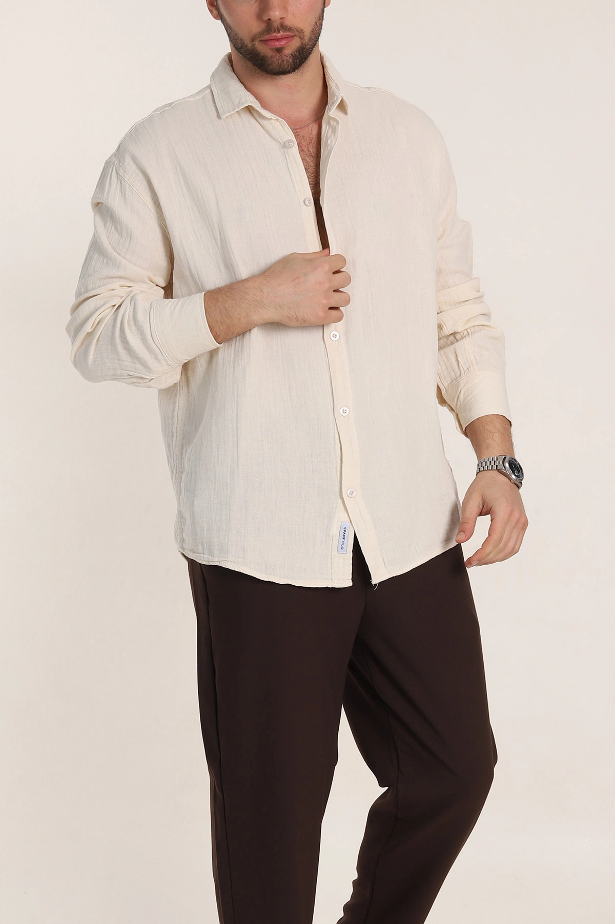 Krem Oversize Müslin Keten Uzun Kollu Erkek Gömlek 347735